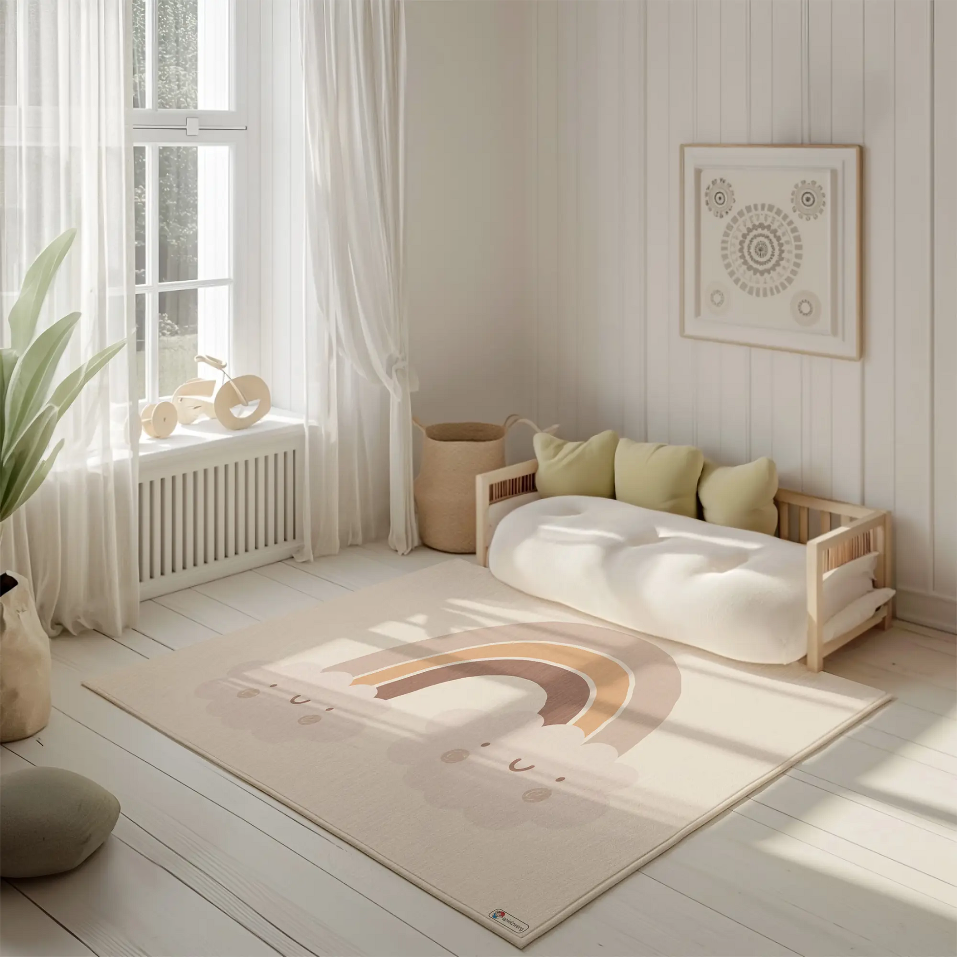 Kinderteppich "Regenbogen Twins" von spielzwerg. Ambientebild von einem hellen, freundlichen Kinderzimmer mit weißen Holzwänden und hellem Holzboden. In der Ecke steht ein niedriges Holzbett mit weißen Decken und hellgrünen Kissen. Davor liegt der Teppich. Links steht ein kleines Holzspielzeugrad am Fenster mit weißen Vorhängen. An der Wand hängt ein gerahmtes Bild mit einem dezenten, kreisförmigen Muster. RUG-00184-XL, RUG-00184-L.