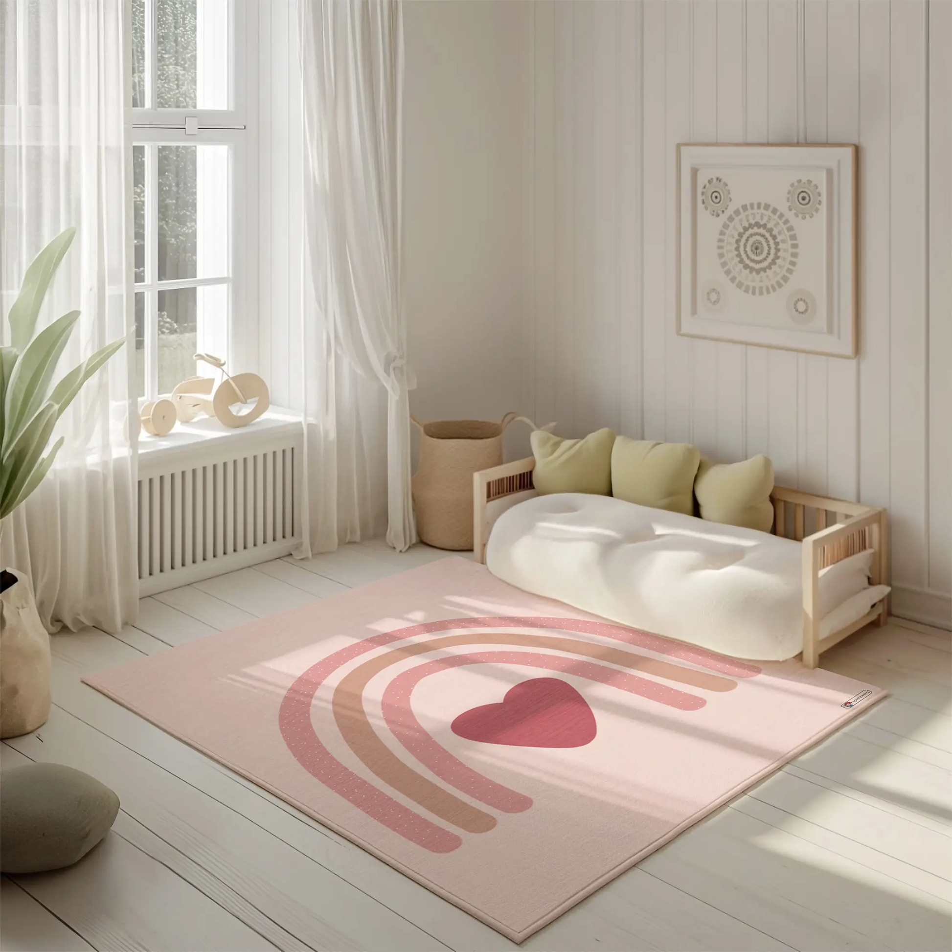 Kinderteppich "Regenbogenliebe" von spielzwerg. Ambientebild von einem hellen, freundlichen Kinderzimmer mit weißen Holzwänden und hellem Holzboden. In der Ecke steht ein niedriges Holzbett mit weißen Decken und hellgrünen Kissen. Davor liegt der Teppich. Links steht ein kleines Holzspielzeugrad am Fenster mit weißen Vorhängen. An der Wand hängt ein gerahmtes Bild mit einem dezenten, kreisförmigen Muster. RUG-00183-XL, RUG-00183-L.
