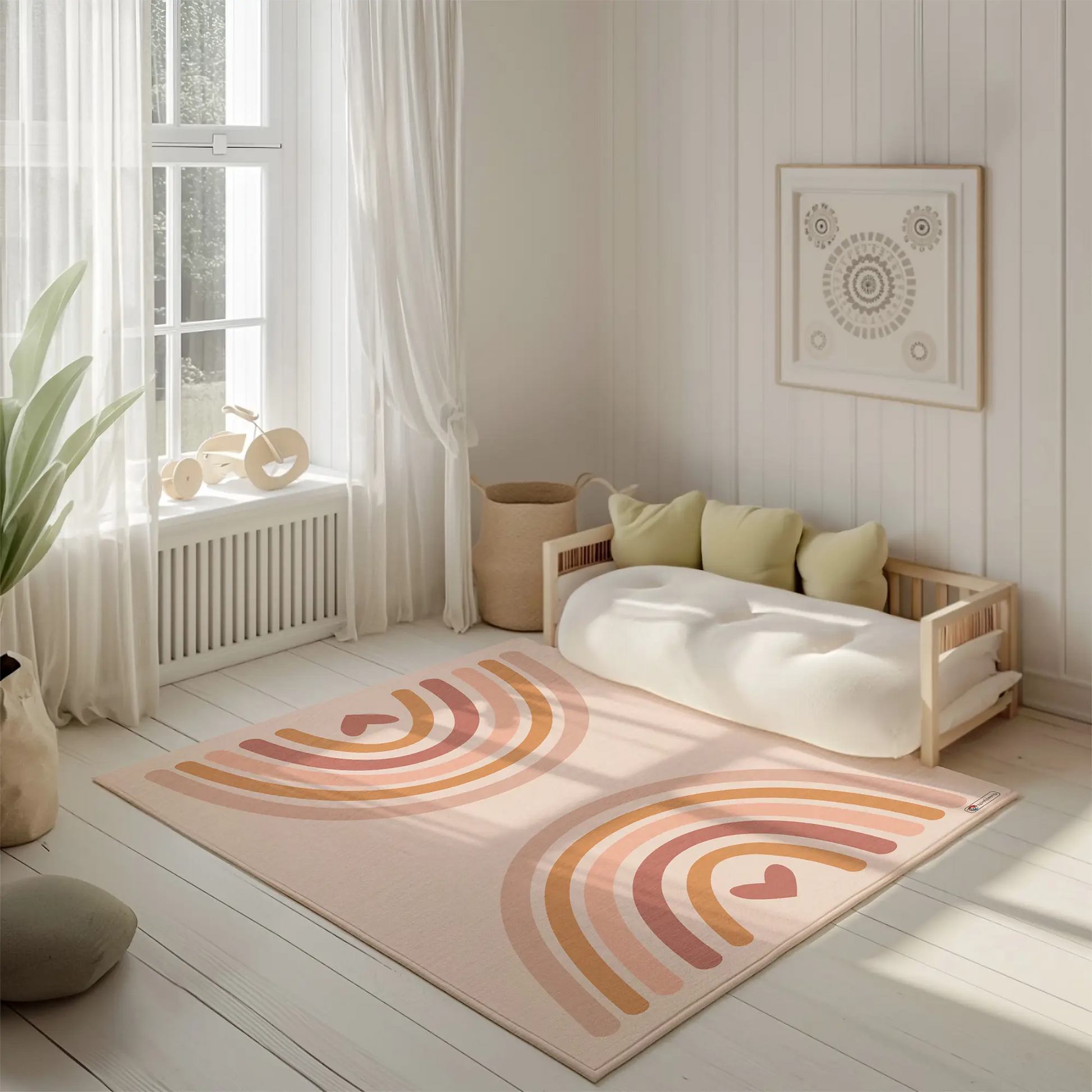 Kinderteppich "Regenbogen Boho Style" von spielzwerg. Ambientebild von einem hellen, freundlichen Kinderzimmer mit weißen Holzwänden und hellem Holzboden. In der Ecke steht ein niedriges Holzbett mit weißen Decken und hellgrünen Kissen. Davor liegt der Teppich. Links steht ein kleines Holzspielzeugrad am Fenster mit weißen Vorhängen. An der Wand hängt ein gerahmtes Bild mit einem dezenten, kreisförmigen Muster. RUG-00132-XL, RUG-00132-L.