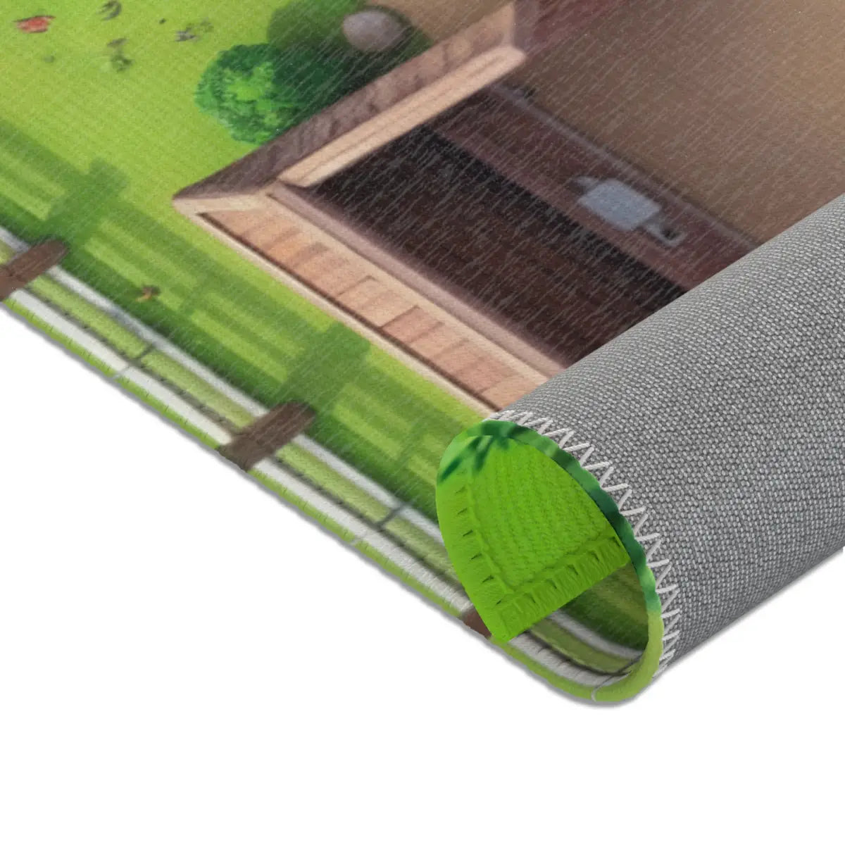 Spielteppich "Reiterhof" von spielzwerg. Nahaufnahme gerollt. RUG-00168-XL, RUG-00168-L.