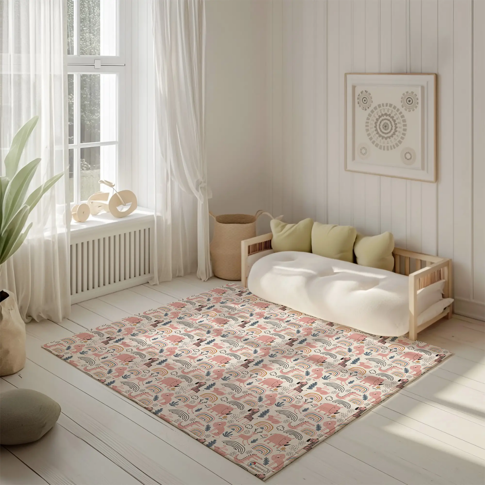 Kinderteppich "Wilde Safari" von spielzwerg. Ambientebild von einem hellen, freundlichen Kinderzimmer mit weißen Holzwänden und hellem Holzboden. In der Ecke steht ein niedriges Holzbett mit weißen Decken und hellgrünen Kissen. Davor liegt der Teppich. Links steht ein kleines Holzspielzeugrad am Fenster mit weißen Vorhängen. An der Wand hängt ein gerahmtes Bild mit einem dezenten, kreisförmigen Muster. RUG-00133-XL, RUG-00133-L.