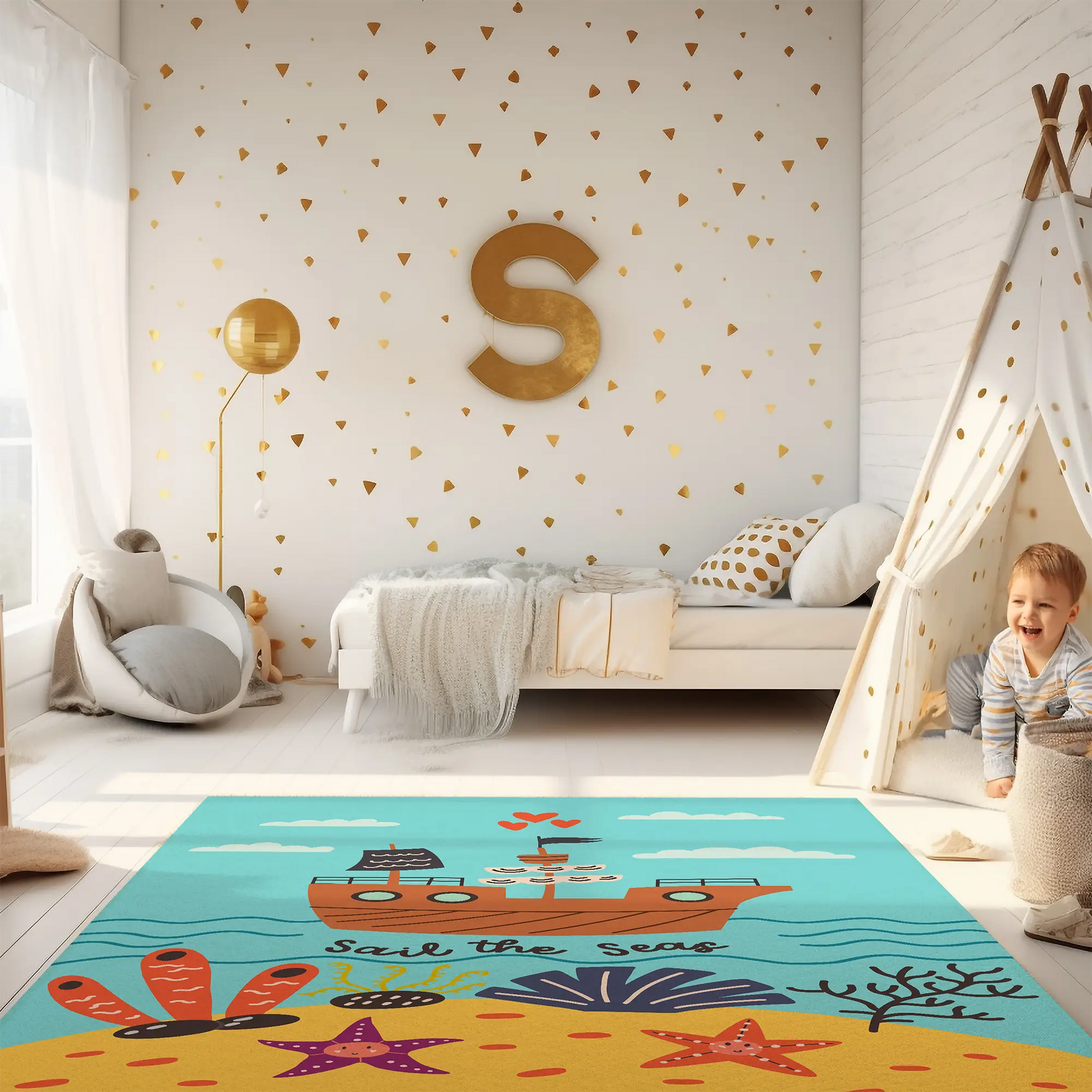 Kinderteppich "Piratenschiff" von spielzwerg. Ambientebild von einem hellen Kinderzimmer mit weißem Holzboden und weißen Wänden, dekoriert mit goldenen Dreiecken und einem großen goldenen Buchstaben 'S'. Links steht ein gemütlicher Sessel mit Kissen und Decke, daneben eine goldene Stehlampe. In der Mitte liegt der Teppich. Rechts sitzt ein lachender Junge in einem weißen Spielzelt mit goldenen Punkten. Im Hintergrund ein schlichtes Bett mit weißer Decke und goldenen Akzenten. RUG-00097-XL, RUG-00097-L.
