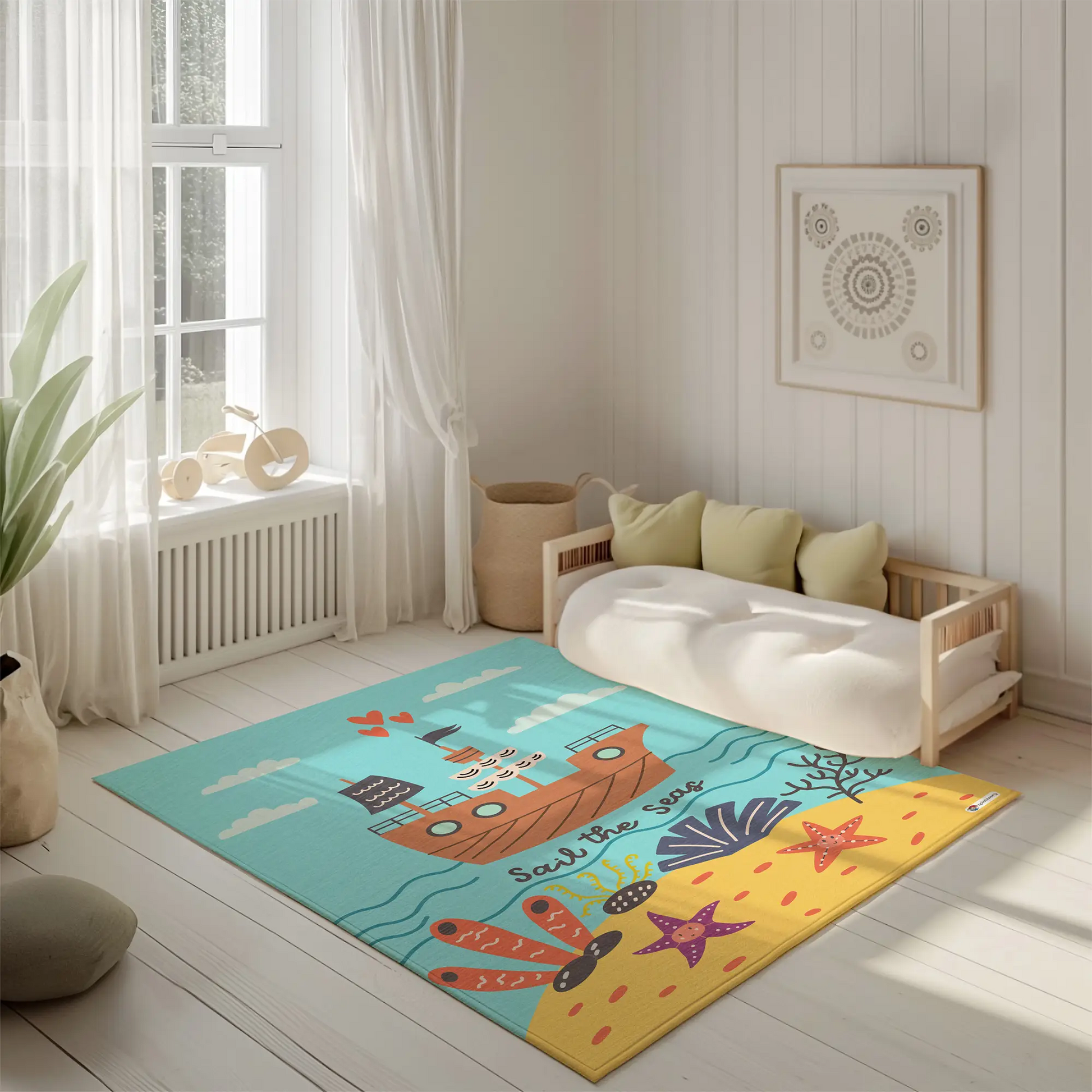 Kinderteppich "Piratenschiff" von spielzwerg. Ambientebild von einem hellen, freundlichen Kinderzimmer mit weißen Holzwänden und hellem Holzboden. In der Ecke steht ein niedriges Holzbett mit weißen Decken und hellgrünen Kissen. Davor liegt der Teppich. Links steht ein kleines Holzspielzeugrad am Fenster mit weißen Vorhängen. An der Wand hängt ein gerahmtes Bild mit einem dezenten, kreisförmigen Muster. RUG-00097-XL, RUG-00097-L.