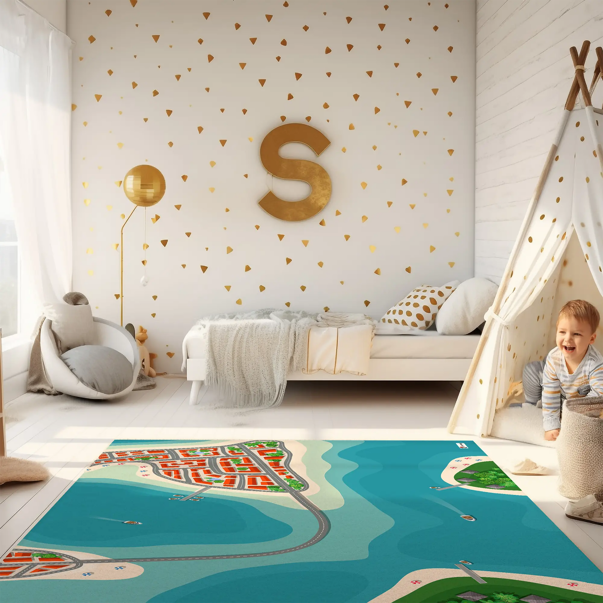 Spielteppich "Stadt am Meer" von spielzwerg. Ambientebild von einem hellen Kinderzimmer mit weißem Holzboden und weißen Wänden, dekoriert mit goldenen Dreiecken und einem großen goldenen Buchstaben 'S'. Links steht ein gemütlicher Sessel mit Kissen und Decke, daneben eine goldene Stehlampe. In der Mitte liegt der Teppich. Rechts sitzt ein lachender Junge in einem weißen Spielzelt mit goldenen Punkten. Im Hintergrund ein schlichtes Bett mit weißer Decke und goldenen Akzenten. RUG-00040-XL, RUG-00040-L.