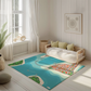 Spielteppich "Stadt am Meer" von spielzwerg. Ambientebild von einem hellen, freundlichen Kinderzimmer mit weißen Holzwänden und hellem Holzboden. In der Ecke steht ein niedriges Holzbett mit weißen Decken und hellgrünen Kissen. Davor liegt der Teppich. Links steht ein kleines Holzspielzeugrad am Fenster mit weißen Vorhängen. An der Wand hängt ein gerahmtes Bild mit einem dezenten, kreisförmigen Muster. RUG-00040-XL, RUG-00040-L.