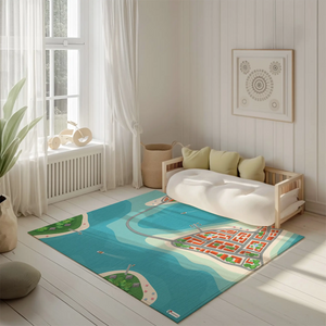 Spielteppich "Stadt am Meer" von spielzwerg. Ambientebild von einem hellen, freundlichen Kinderzimmer mit weißen Holzwänden und hellem Holzboden. In der Ecke steht ein niedriges Holzbett mit weißen Decken und hellgrünen Kissen. Davor liegt der Teppich. Links steht ein kleines Holzspielzeugrad am Fenster mit weißen Vorhängen. An der Wand hängt ein gerahmtes Bild mit einem dezenten, kreisförmigen Muster. RUG-00040-XL, RUG-00040-L.