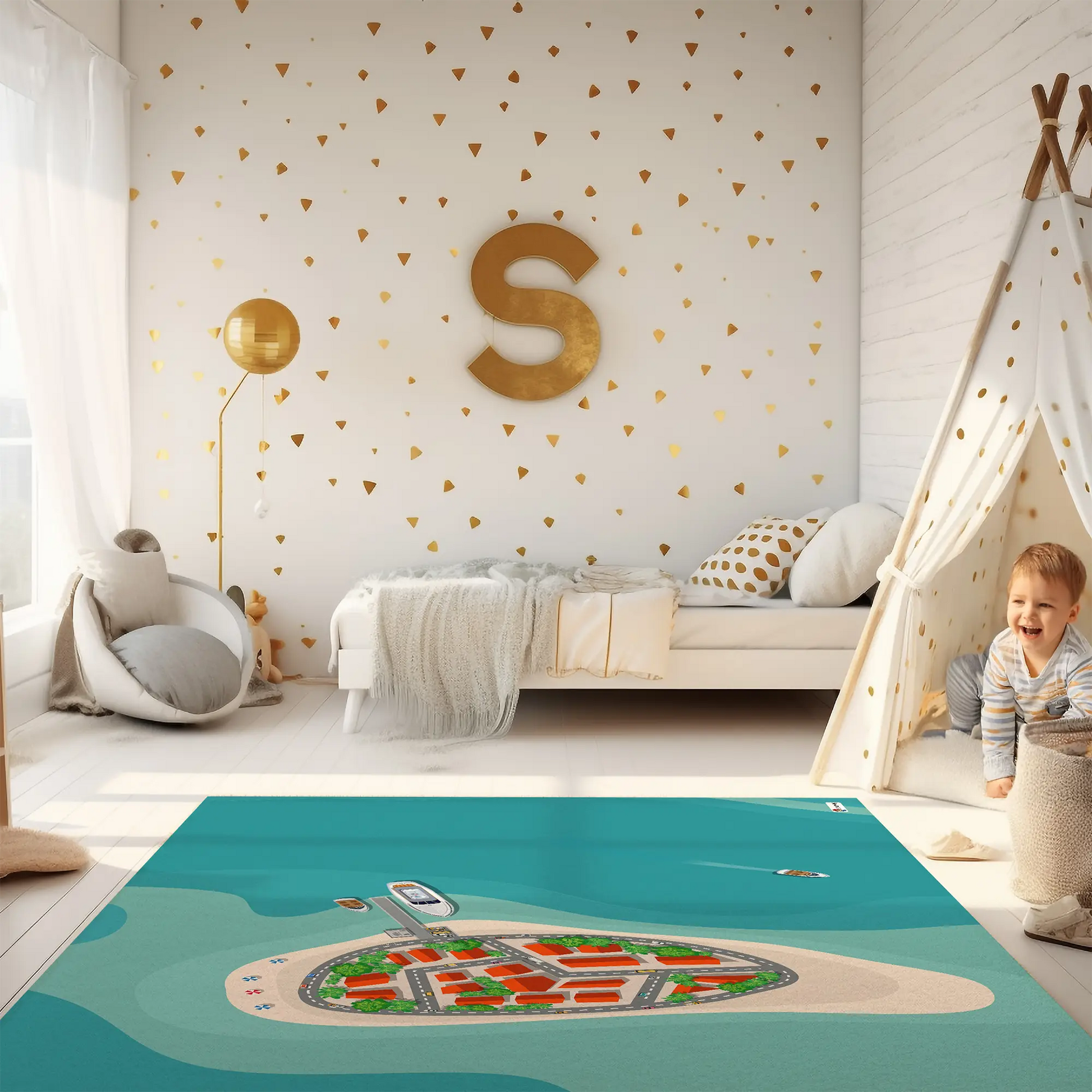 Spielteppich "Inseldorf" von spielzwerg. Ambientebild von einem hellen Kinderzimmer mit weißem Holzboden und weißen Wänden, dekoriert mit goldenen Dreiecken und einem großen goldenen Buchstaben 'S'. Links steht ein gemütlicher Sessel mit Kissen und Decke, daneben eine goldene Stehlampe. In der Mitte liegt der Teppich. Rechts sitzt ein lachender Junge in einem weißen Spielzelt mit goldenen Punkten. Im Hintergrund ein schlichtes Bett mit weißer Decke und goldenen Akzenten. RUG-00039-XL, RUG-00039-L.