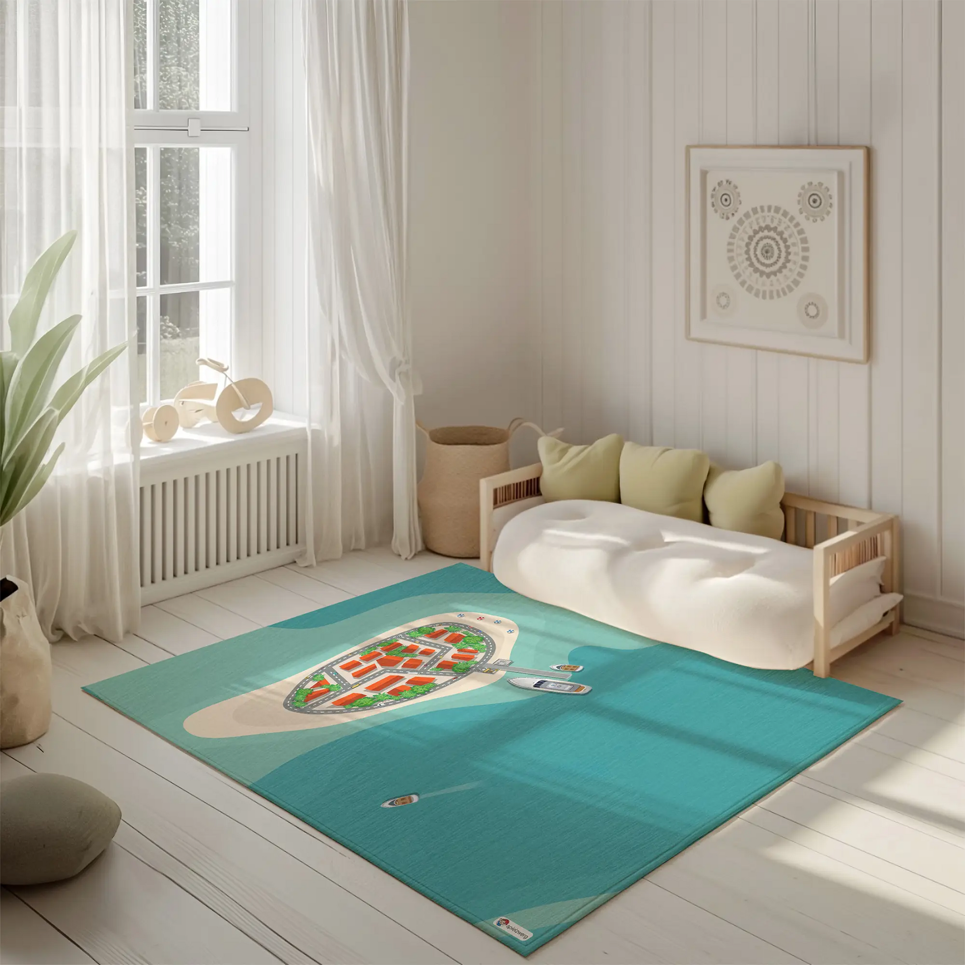 Spielteppich "Inseldorf" von spielzwerg. Ambientebild von einem hellen, freundlichen Kinderzimmer mit weißen Holzwänden und hellem Holzboden. In der Ecke steht ein niedriges Holzbett mit weißen Decken und hellgrünen Kissen. Davor liegt der Teppich. Links steht ein kleines Holzspielzeugrad am Fenster mit weißen Vorhängen. An der Wand hängt ein gerahmtes Bild mit einem dezenten, kreisförmigen Muster. RUG-00039-XL, RUG-00039-L.