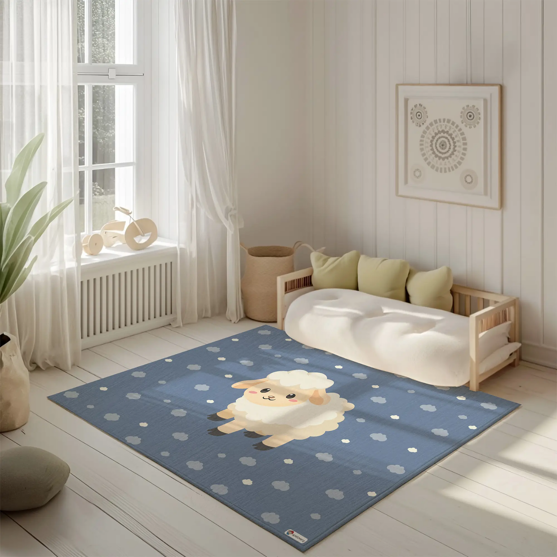 Kinderteppich "Samu Schäfchen" von spielzwerg. Ambientebild von einem hellen, freundlichen Kinderzimmer mit weißen Holzwänden und hellem Holzboden. In der Ecke steht ein niedriges Holzbett mit weißen Decken und hellgrünen Kissen. Davor liegt der Teppich. Links steht ein kleines Holzspielzeugrad am Fenster mit weißen Vorhängen. An der Wand hängt ein gerahmtes Bild mit einem dezenten, kreisförmigen Muster. RUG-00148-XL, RUG-00148-L.