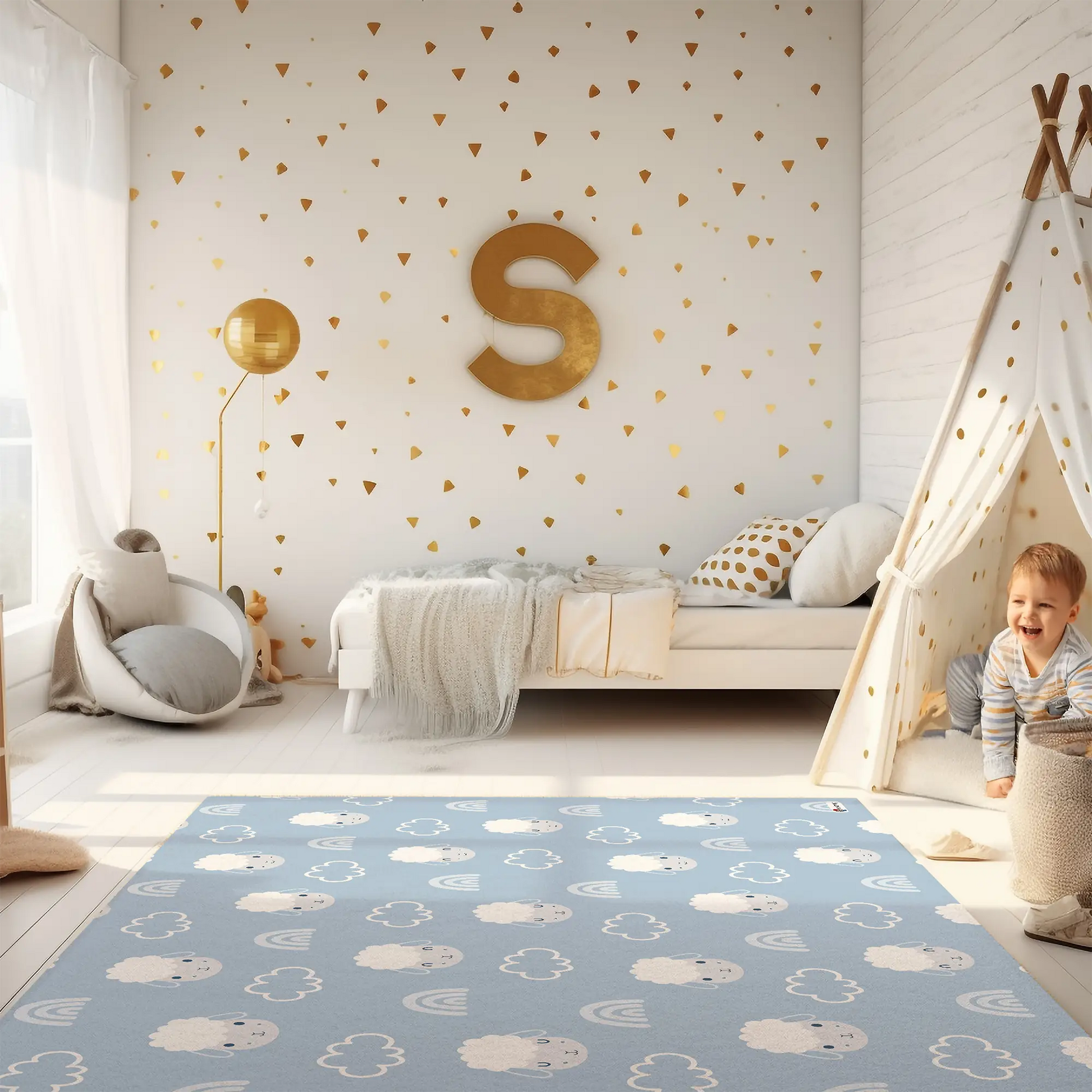 Kinderteppich "Flauschige Wolken" von spielzwerg. Ambientebild von einem hellen Kinderzimmer mit weißem Holzboden und weißen Wänden, dekoriert mit goldenen Dreiecken und einem großen goldenen Buchstaben 'S'. Links steht ein gemütlicher Sessel mit Kissen und Decke, daneben eine goldene Stehlampe. In der Mitte liegt der Teppich. Rechts sitzt ein lachender Junge in einem weißen Spielzelt mit goldenen Punkten. Im Hintergrund ein schlichtes Bett mit weißer Decke und goldenen Akzenten. RUG-00016-XL, RUG-00016-L.