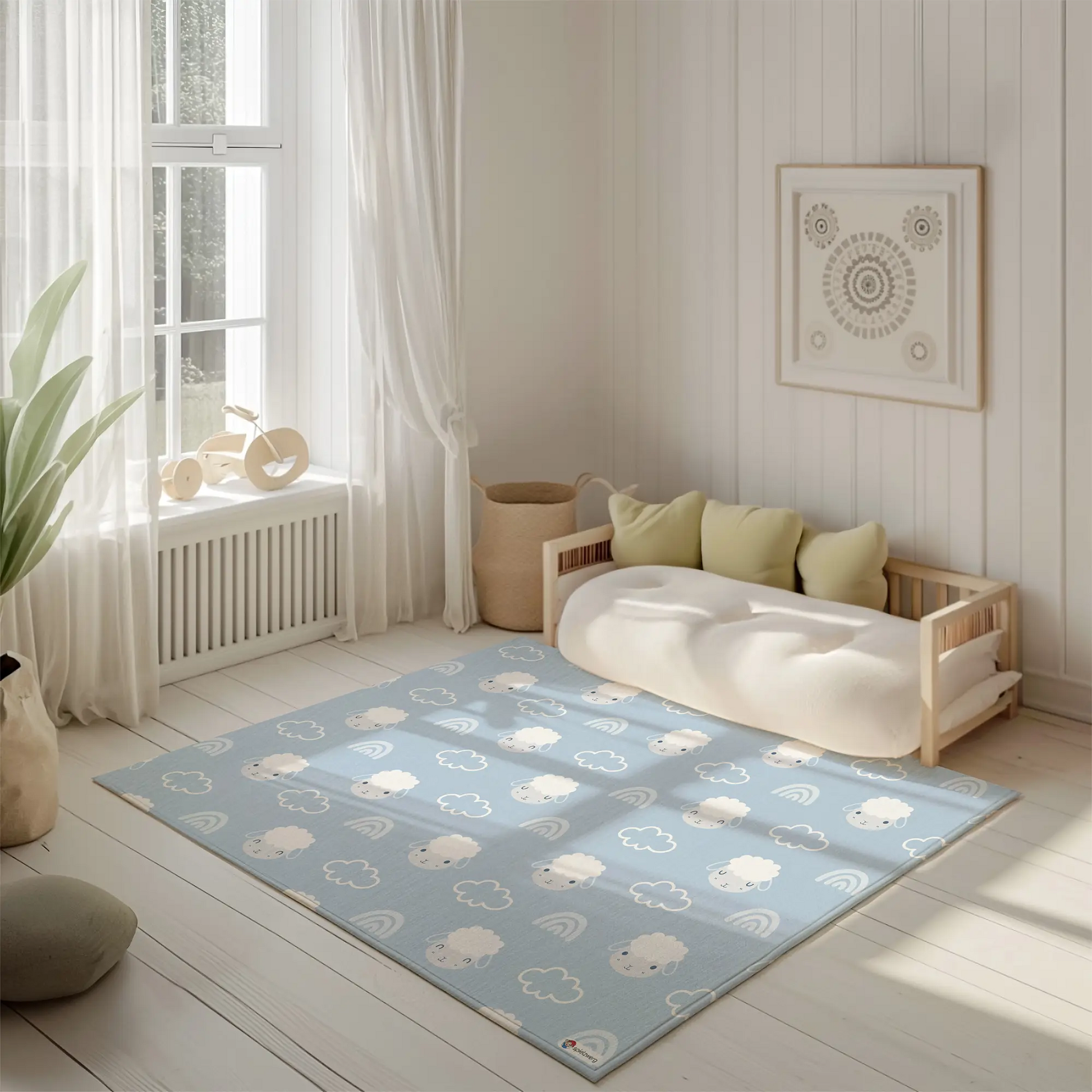 Kinderteppich "Flauschige Wolken" von spielzwerg. Ambientebild von einem hellen, freundlichen Kinderzimmer mit weißen Holzwänden und hellem Holzboden. In der Ecke steht ein niedriges Holzbett mit weißen Decken und hellgrünen Kissen. Davor liegt der Teppich. Links steht ein kleines Holzspielzeugrad am Fenster mit weißen Vorhängen. An der Wand hängt ein gerahmtes Bild mit einem dezenten, kreisförmigen Muster. RUG-00016-XL, RUG-00016-L.