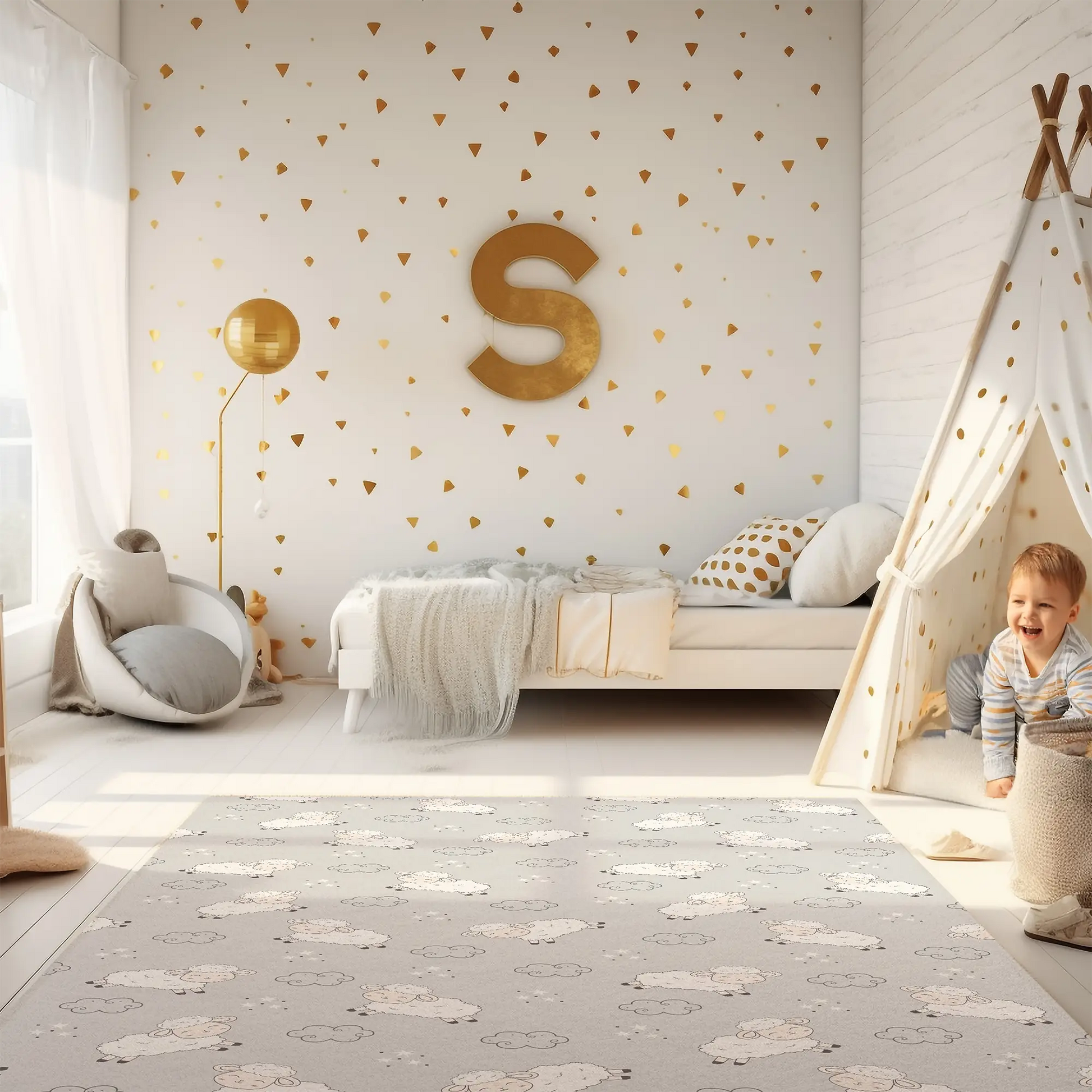 Kinderteppich "Weiße Schäfchen" von spielzwerg. Ambientebild von einem hellen Kinderzimmer mit weißem Holzboden und weißen Wänden, dekoriert mit goldenen Dreiecken und einem großen goldenen Buchstaben 'S'. Links steht ein gemütlicher Sessel mit Kissen und Decke, daneben eine goldene Stehlampe. In der Mitte liegt der Teppich. Rechts sitzt ein lachender Junge in einem weißen Spielzelt mit goldenen Punkten. Im Hintergrund ein schlichtes Bett mit weißer Decke und goldenen Akzenten. RUG-00015-XL, RUG-00015-L.
