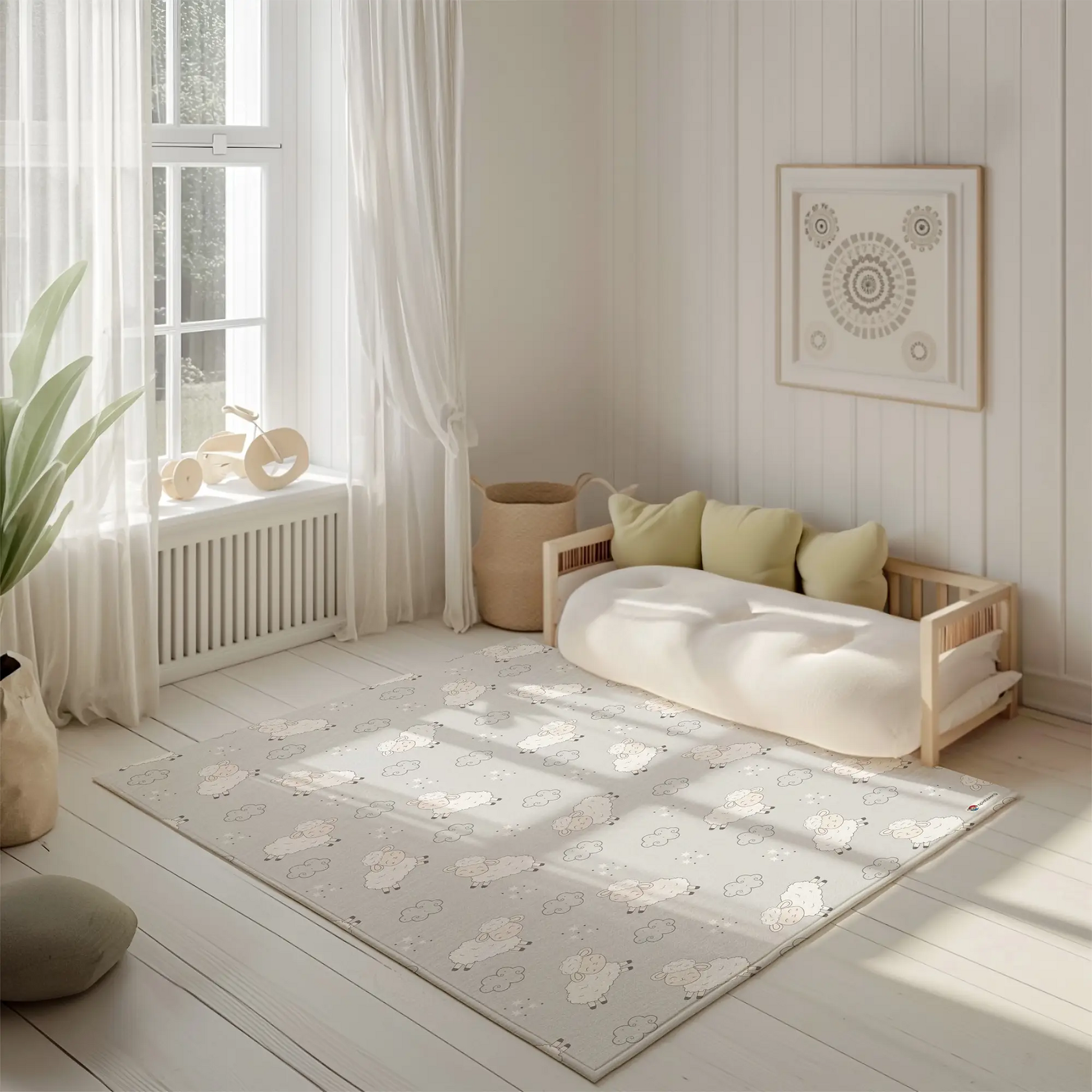 Kinderteppich "Weiße Schäfchen" von spielzwerg. Ambientebild von einem hellen, freundlichen Kinderzimmer mit weißen Holzwänden und hellem Holzboden. In der Ecke steht ein niedriges Holzbett mit weißen Decken und hellgrünen Kissen. Davor liegt der Teppich. Links steht ein kleines Holzspielzeugrad am Fenster mit weißen Vorhängen. An der Wand hängt ein gerahmtes Bild mit einem dezenten, kreisförmigen Muster. RUG-00015-XL, RUG-00015-L.