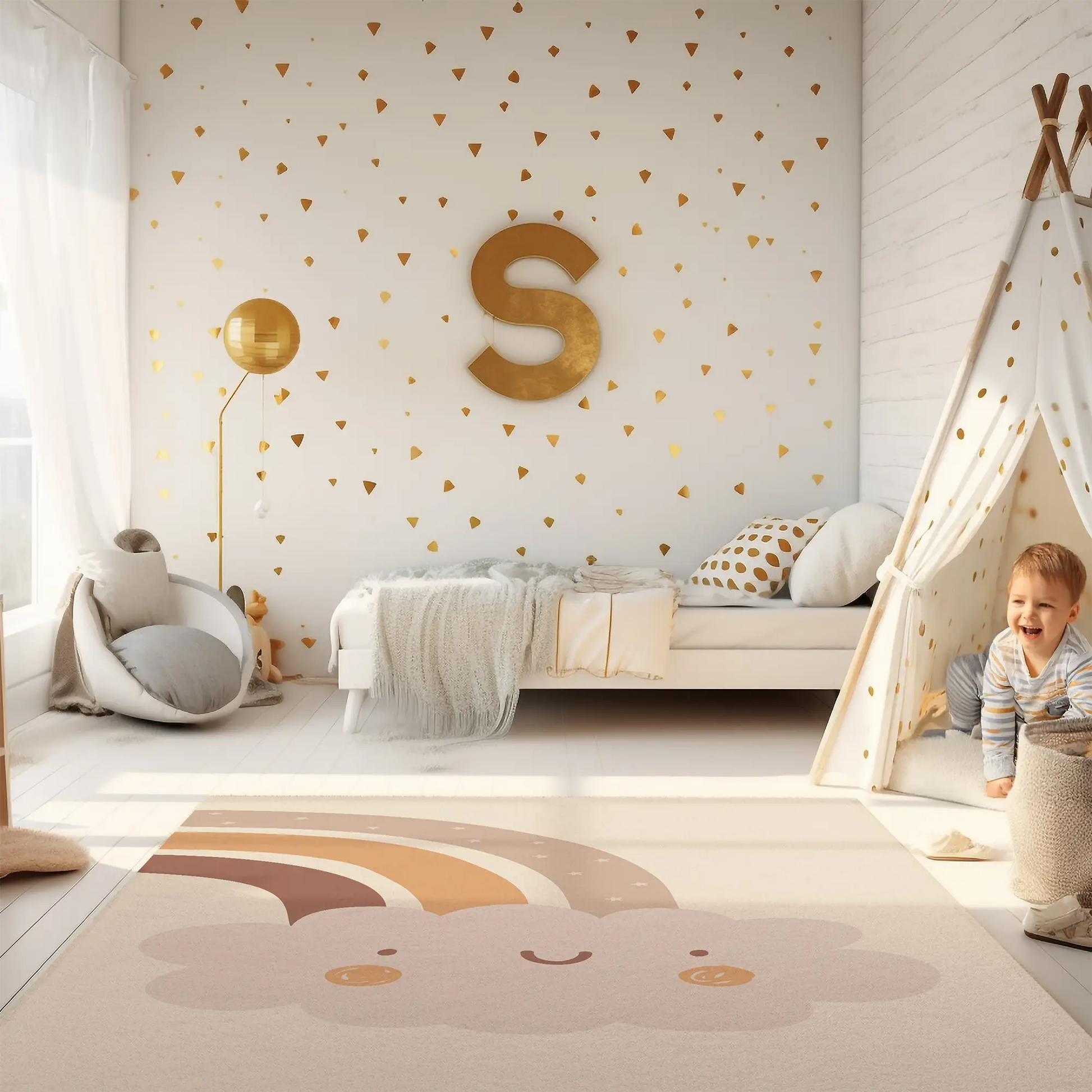 Kinderteppich "Regenbogen Twin" von spielzwerg. Ambientebild von einem hellen Kinderzimmer mit weißem Holzboden und weißen Wänden, dekoriert mit goldenen Dreiecken und einem großen goldenen Buchstaben 'S'. Links steht ein gemütlicher Sessel mit Kissen und Decke, daneben eine goldene Stehlampe. In der Mitte liegt der Teppich. Rechts sitzt ein lachender Junge in einem weißen Spielzelt mit goldenen Punkten. Im Hintergrund ein schlichtes Bett mit weißer Decke und goldenen Akzenten. RUG-00182-XL, RUG-00182-L.