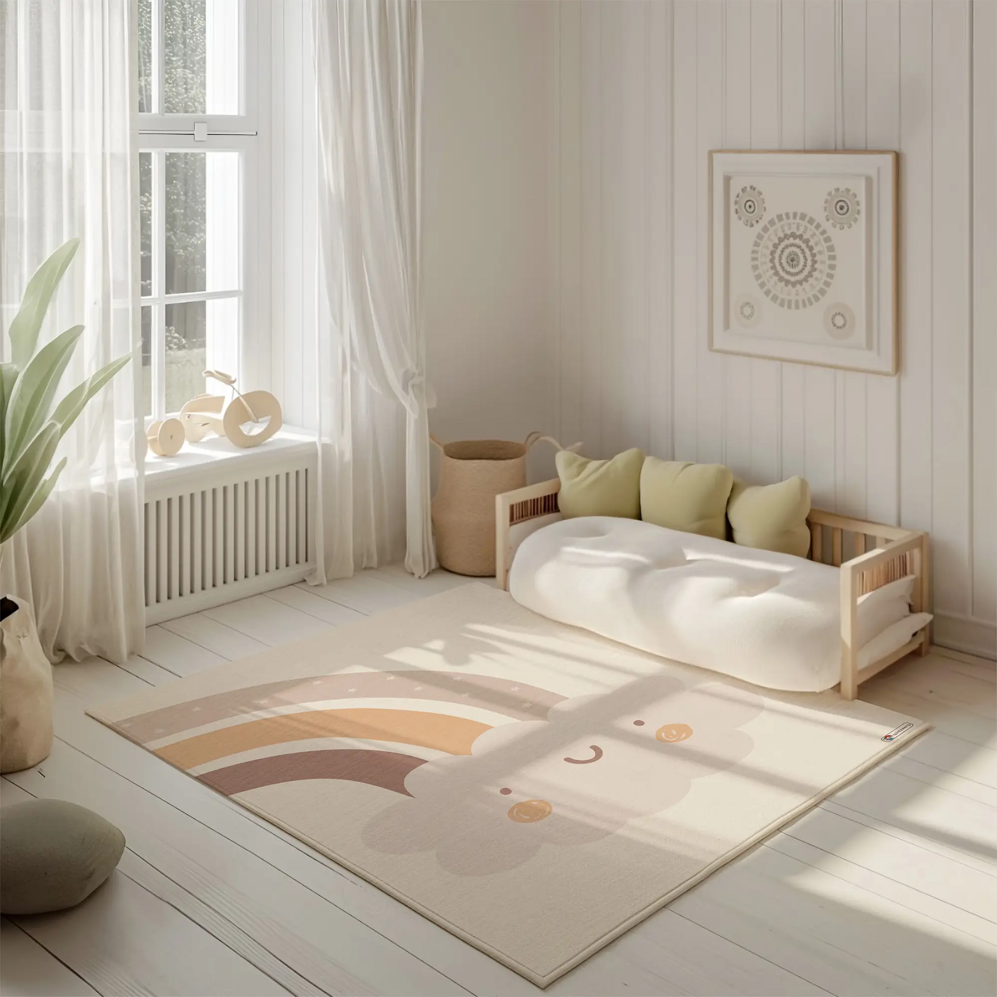 Kinderteppich "Regenbogen Twin" von spielzwerg. Ambientebild von einem hellen, freundlichen Kinderzimmer mit weißen Holzwänden und hellem Holzboden. In der Ecke steht ein niedriges Holzbett mit weißen Decken und hellgrünen Kissen. Davor liegt der Teppich. Links steht ein kleines Holzspielzeugrad am Fenster mit weißen Vorhängen. An der Wand hängt ein gerahmtes Bild mit einem dezenten, kreisförmigen Muster. RUG-00182-XL, RUG-00182-L.