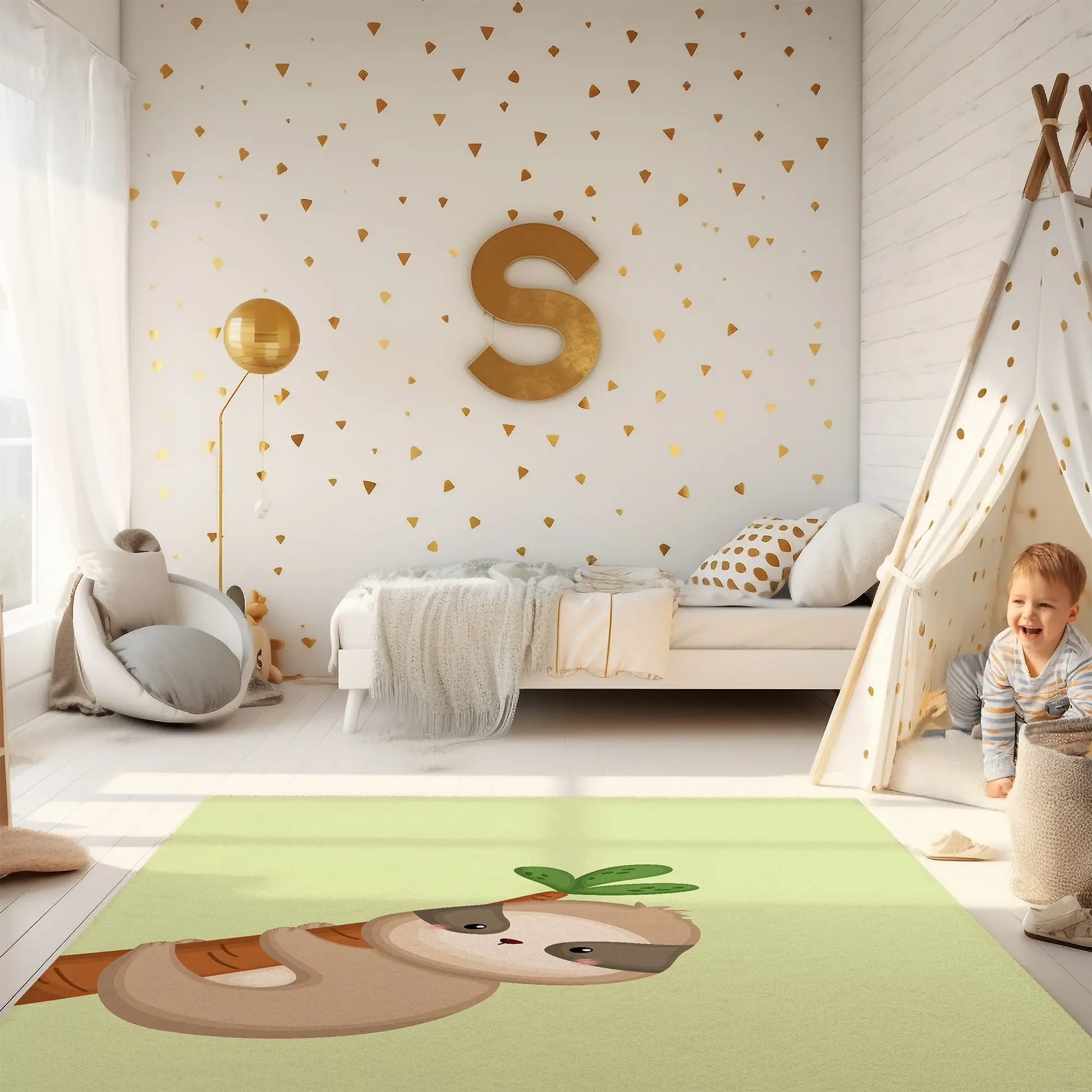 Kinderteppich "Flori Faultier" von spielzwerg. Ambientebild von einem hellen Kinderzimmer mit weißem Holzboden und weißen Wänden, dekoriert mit goldenen Dreiecken und einem großen goldenen Buchstaben 'S'. Links steht ein gemütlicher Sessel mit Kissen und Decke, daneben eine goldene Stehlampe. In der Mitte liegt der Teppich. Rechts sitzt ein lachender Junge in einem weißen Spielzelt mit goldenen Punkten. Im Hintergrund ein schlichtes Bett mit weißer Decke und goldenen Akzenten. RUG-00135-XL, RUG-00135-L.