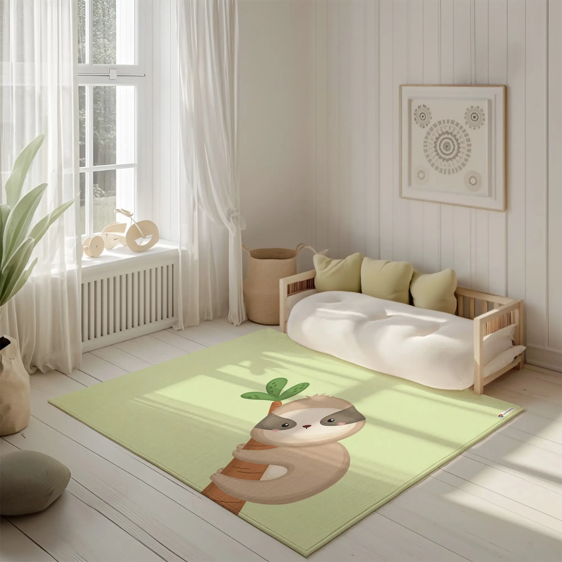 Kinderteppich "Flori Faultier" von spielzwerg. Ambientebild von einem hellen, freundlichen Kinderzimmer mit weißen Holzwänden und hellem Holzboden. In der Ecke steht ein niedriges Holzbett mit weißen Decken und hellgrünen Kissen. Davor liegt der Teppich. Links steht ein kleines Holzspielzeugrad am Fenster mit weißen Vorhängen. An der Wand hängt ein gerahmtes Bild mit einem dezenten, kreisförmigen Muster. RUG-00135-XL, RUG-00135-L.