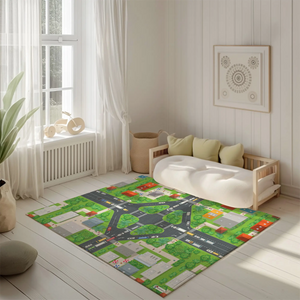 Spielteppich "Große Kreuzung" von spielzwerg. Ambientebild von einem hellen, freundlichen Kinderzimmer mit weißen Holzwänden und hellem Holzboden. In der Ecke steht ein niedriges Holzbett mit weißen Decken und hellgrünen Kissen. Davor liegt der Teppich. Links steht ein kleines Holzspielzeugrad am Fenster mit weißen Vorhängen. An der Wand hängt ein gerahmtes Bild mit einem dezenten, kreisförmigen Muster. RUG-00035-XL, RUG-00035-L.