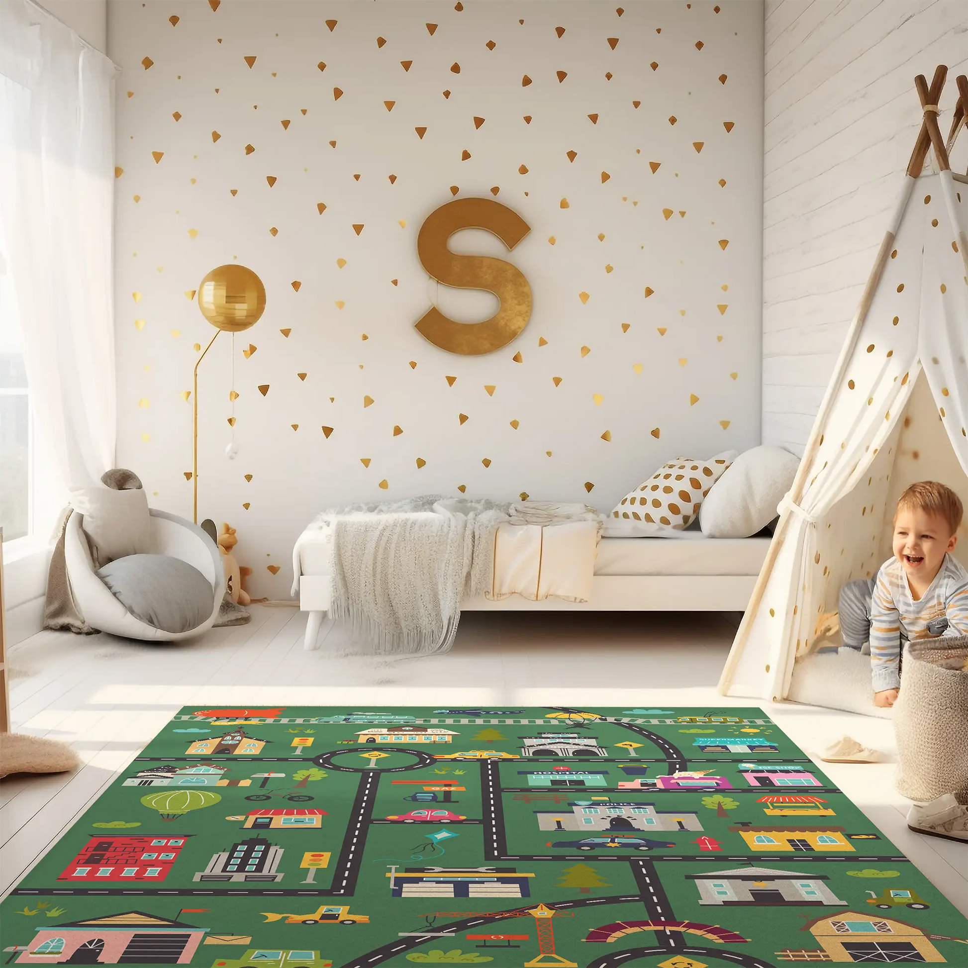 Spielteppich "Vorstadtchaos" von spielzwerg. Ambientebild von einem hellen Kinderzimmer mit weißem Holzboden und weißen Wänden, dekoriert mit goldenen Dreiecken und einem großen goldenen Buchstaben 'S'. Links steht ein gemütlicher Sessel mit Kissen und Decke, daneben eine goldene Stehlampe. In der Mitte liegt der Teppich. Rechts sitzt ein lachender Junge in einem weißen Spielzelt mit goldenen Punkten. Im Hintergrund ein schlichtes Bett mit weißer Decke und goldenen Akzenten. RUG-00104-XL, RUG-00104-L.