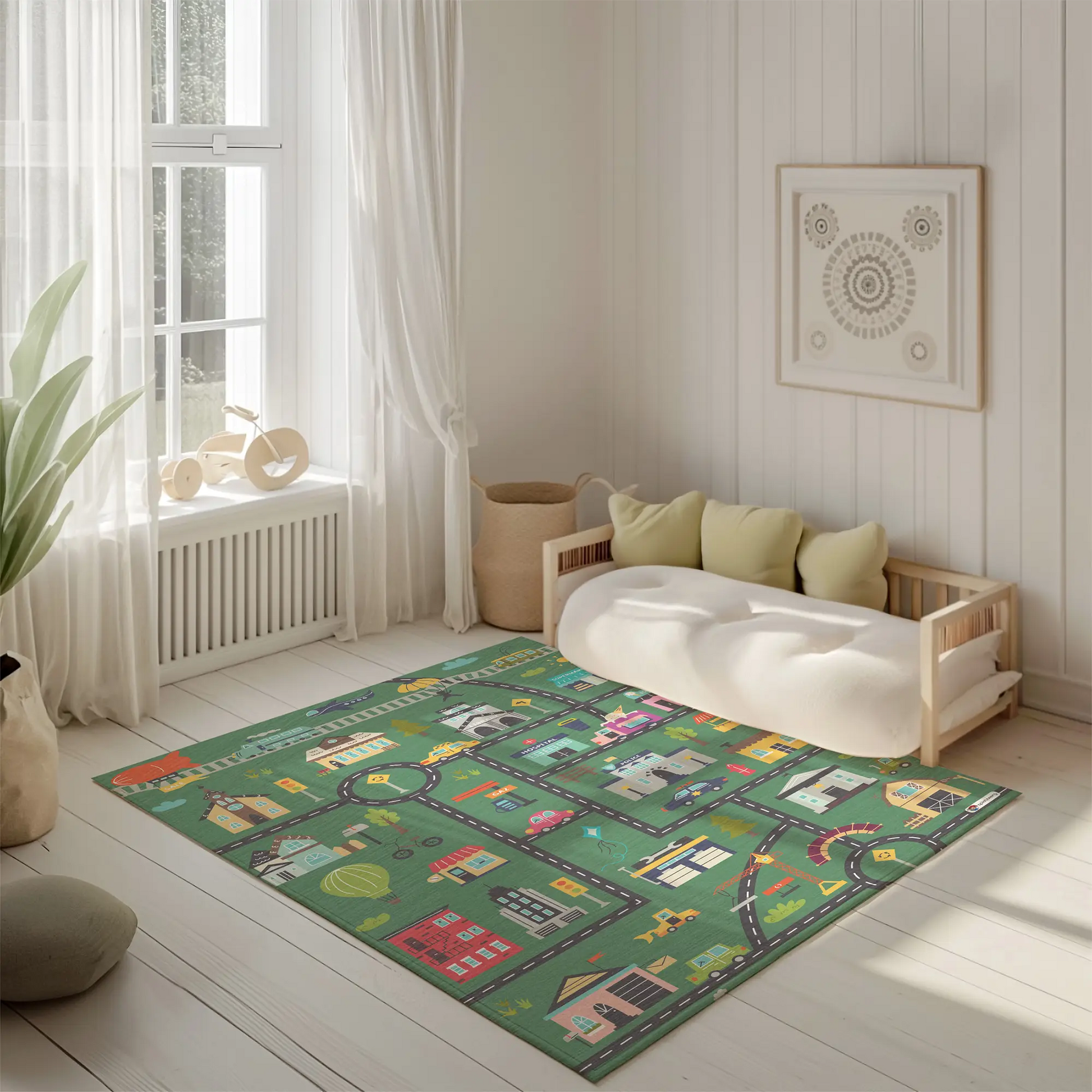 Spielteppich "Vorstadtchaos" von spielzwerg. Ambientebild von einem hellen, freundlichen Kinderzimmer mit weißen Holzwänden und hellem Holzboden. In der Ecke steht ein niedriges Holzbett mit weißen Decken und hellgrünen Kissen. Davor liegt der Teppich. Links steht ein kleines Holzspielzeugrad am Fenster mit weißen Vorhängen. An der Wand hängt ein gerahmtes Bild mit einem dezenten, kreisförmigen Muster. RUG-00104-XL, RUG-00104-L.