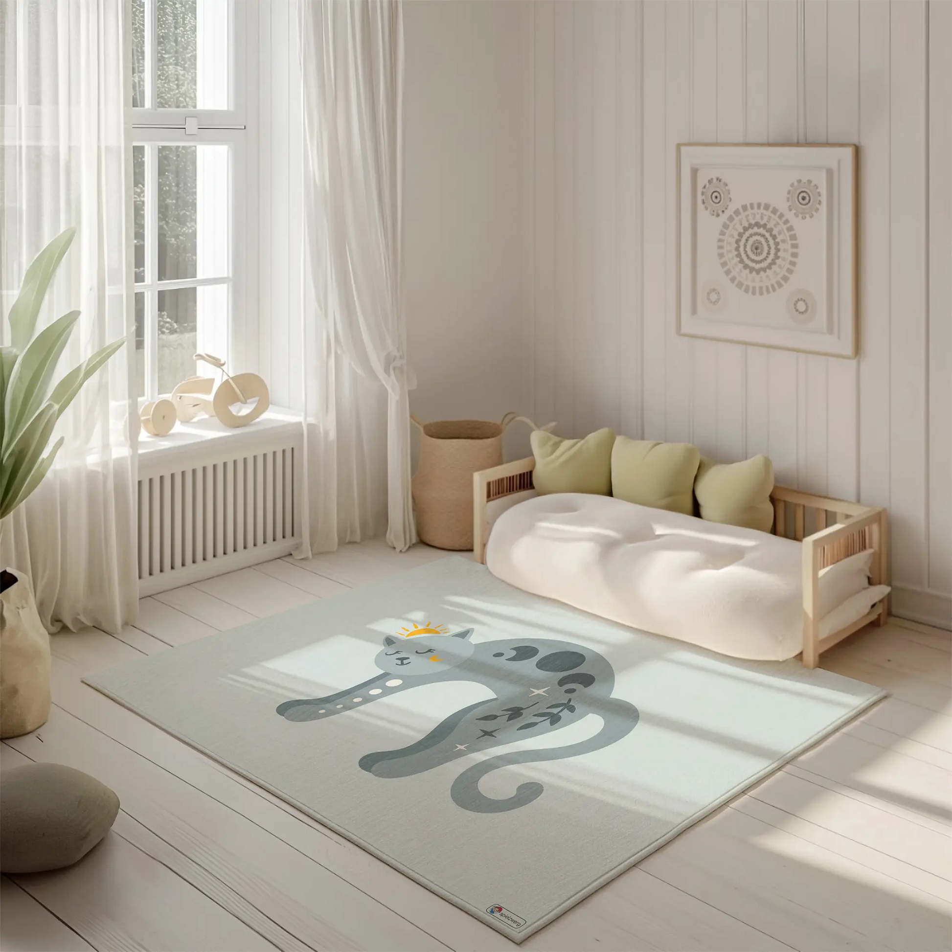 Kinderteppich "Boho Katze" von spielzwerg. Ambientebild von einem hellen, freundlichen Kinderzimmer mit weißen Holzwänden und hellem Holzboden. In der Ecke steht ein niedriges Holzbett mit weißen Decken und hellgrünen Kissen. Davor liegt der Teppich. Links steht ein kleines Holzspielzeugrad am Fenster mit weißen Vorhängen. An der Wand hängt ein gerahmtes Bild mit einem dezenten, kreisförmigen Muster. RUG-00038-XL, RUG-00038-L.