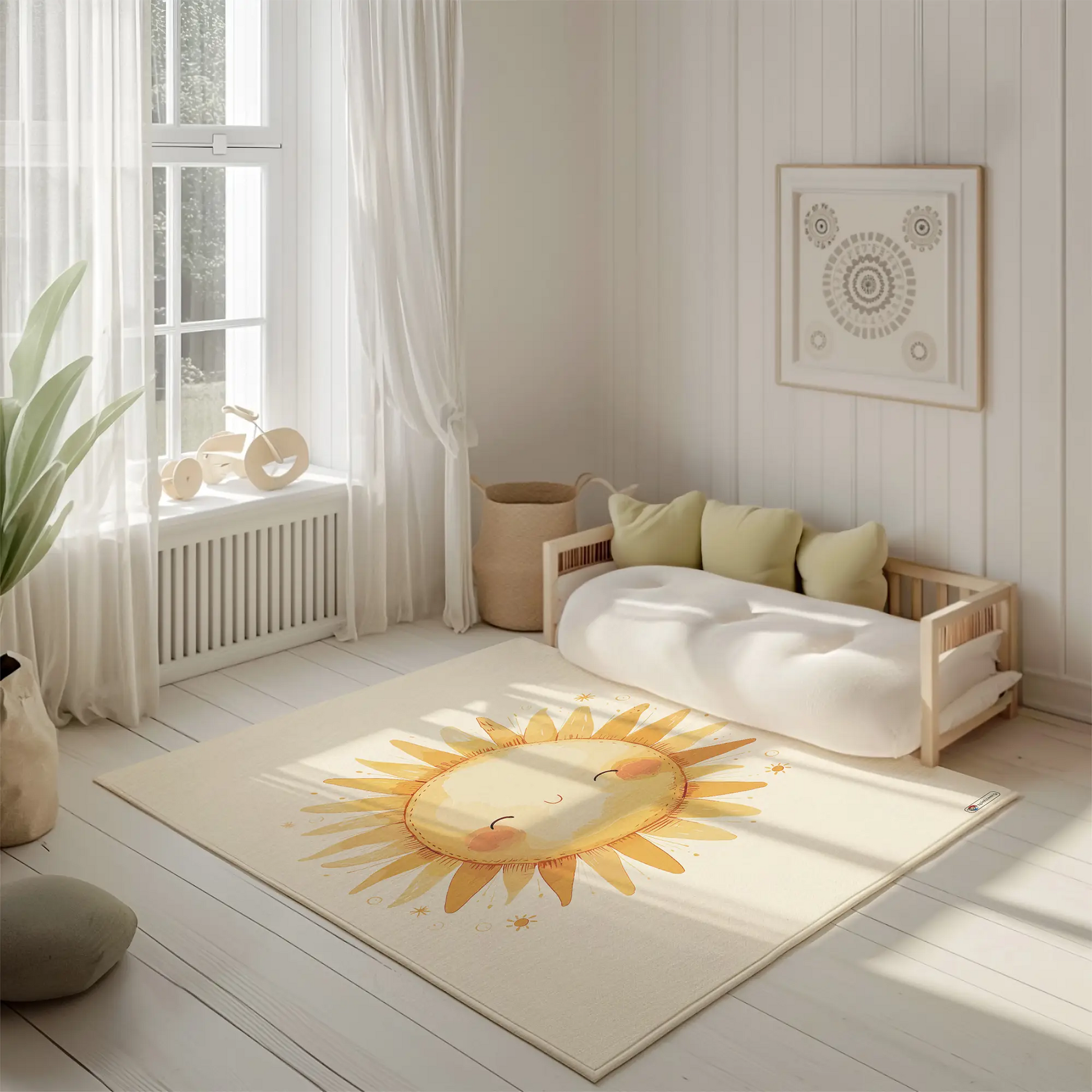 Kinderteppich "Niedliche Sonne" von spielzwerg. Ambientebild von einem hellen, freundlichen Kinderzimmer mit weißen Holzwänden und hellem Holzboden. In der Ecke steht ein niedriges Holzbett mit weißen Decken und hellgrünen Kissen. Davor liegt der Teppich. Links steht ein kleines Holzspielzeugrad am Fenster mit weißen Vorhängen. An der Wand hängt ein gerahmtes Bild mit einem dezenten, kreisförmigen Muster. RUG-00066-XL, RUG-00066-L.