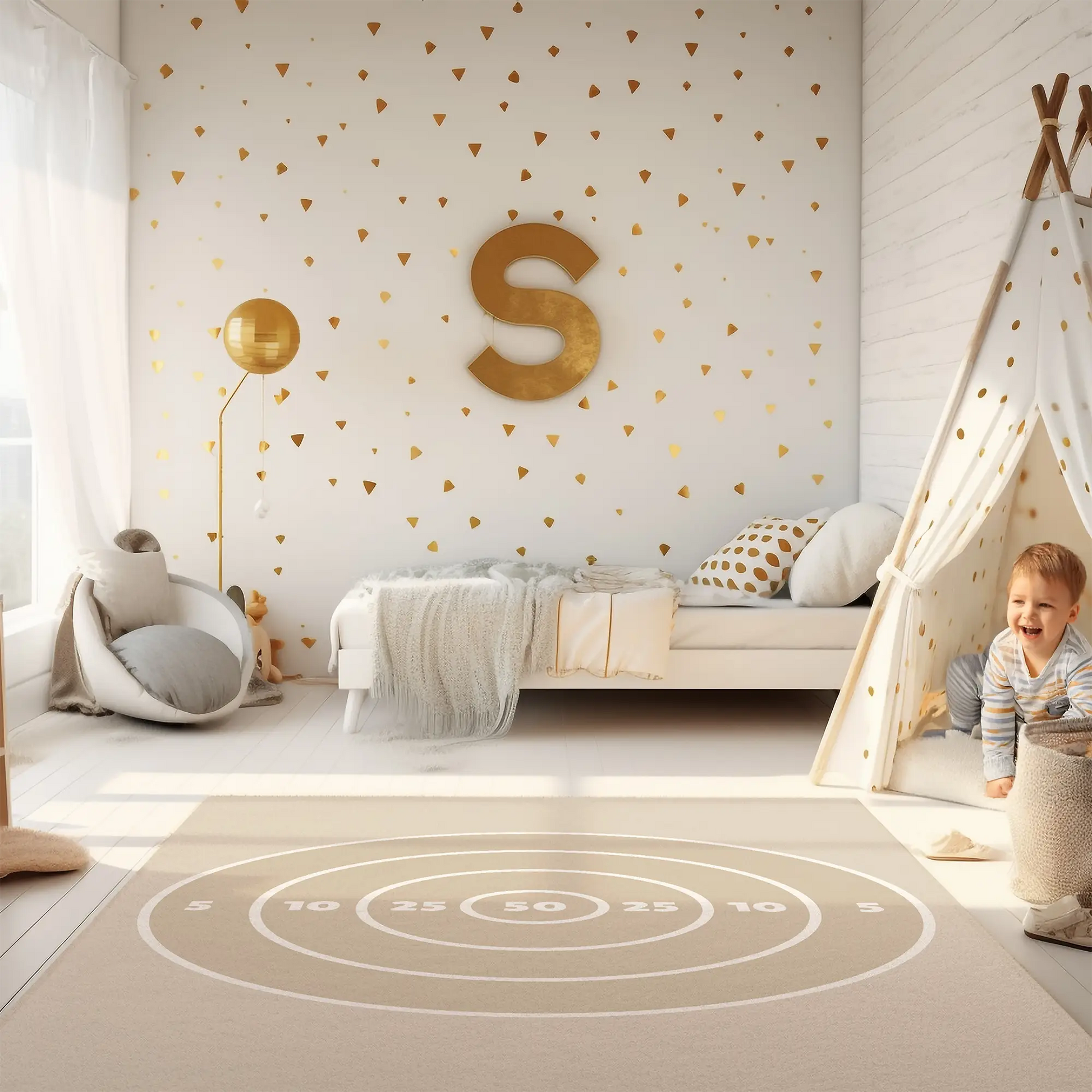 Spielteppich "Zielscheibe" von spielzwerg. Ambientebild von einem hellen Kinderzimmer mit weißem Holzboden und weißen Wänden, dekoriert mit goldenen Dreiecken und einem großen goldenen Buchstaben 'S'. Links steht ein gemütlicher Sessel mit Kissen und Decke, daneben eine goldene Stehlampe. In der Mitte liegt der Teppich. Rechts sitzt ein lachender Junge in einem weißen Spielzelt mit goldenen Punkten. Im Hintergrund ein schlichtes Bett mit weißer Decke und goldenen Akzenten. RUG-00178-XL, RUG-00178-L.