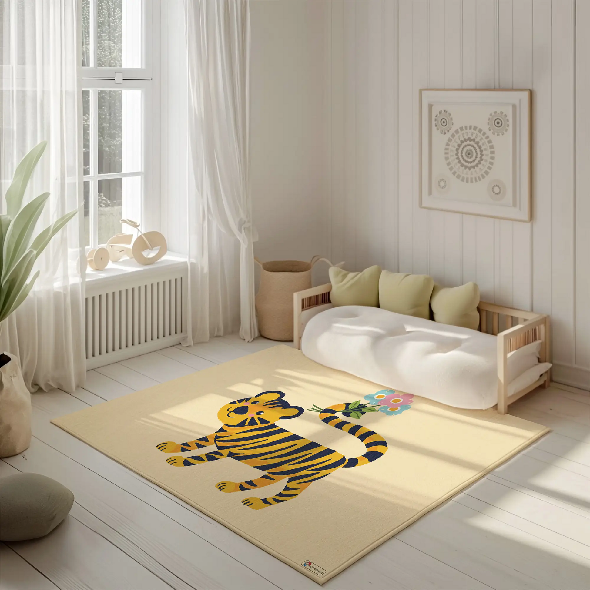 Kinderteppich "Tiger mit Blumen" von spielzwerg. Ambientebild von einem hellen, freundlichen Kinderzimmer mit weißen Holzwänden und hellem Holzboden. In der Ecke steht ein niedriges Holzbett mit weißen Decken und hellgrünen Kissen. Davor liegt der Teppich. Links steht ein kleines Holzspielzeugrad am Fenster mit weißen Vorhängen. An der Wand hängt ein gerahmtes Bild mit einem dezenten, kreisförmigen Muster. RUG-00122-XL, RUG-00122-L.