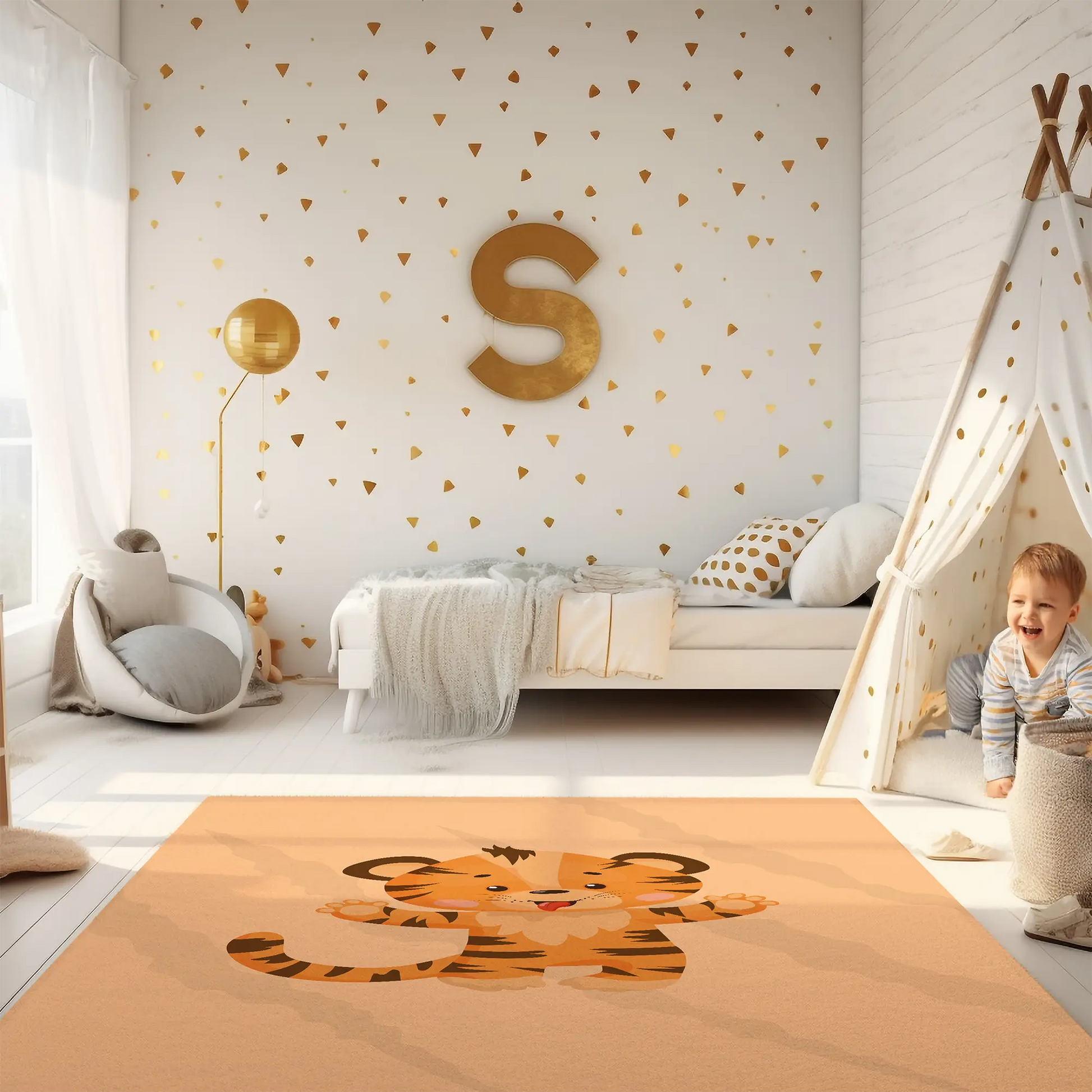 Kinderteppich "Tigerstark" von spielzwerg. Ambientebild von einem hellen Kinderzimmer mit weißem Holzboden und weißen Wänden, dekoriert mit goldenen Dreiecken und einem großen goldenen Buchstaben 'S'. Links steht ein gemütlicher Sessel mit Kissen und Decke, daneben eine goldene Stehlampe. In der Mitte liegt der Teppich. Rechts sitzt ein lachender Junge in einem weißen Spielzelt mit goldenen Punkten. Im Hintergrund ein schlichtes Bett mit weißer Decke und goldenen Akzenten. RUG-00013-XL, RUG-00013-L.