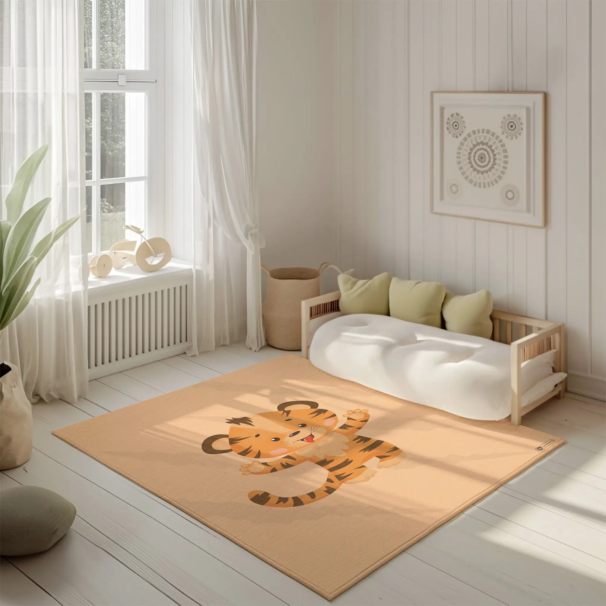 Kinderteppich "Tigerstark" von spielzwerg. Ambientebild von einem hellen, freundlichen Kinderzimmer mit weißen Holzwänden und hellem Holzboden. In der Ecke steht ein niedriges Holzbett mit weißen Decken und hellgrünen Kissen. Davor liegt der Teppich. Links steht ein kleines Holzspielzeugrad am Fenster mit weißen Vorhängen. An der Wand hängt ein gerahmtes Bild mit einem dezenten, kreisförmigen Muster. RUG-00013-XL, RUG-00013-L.
