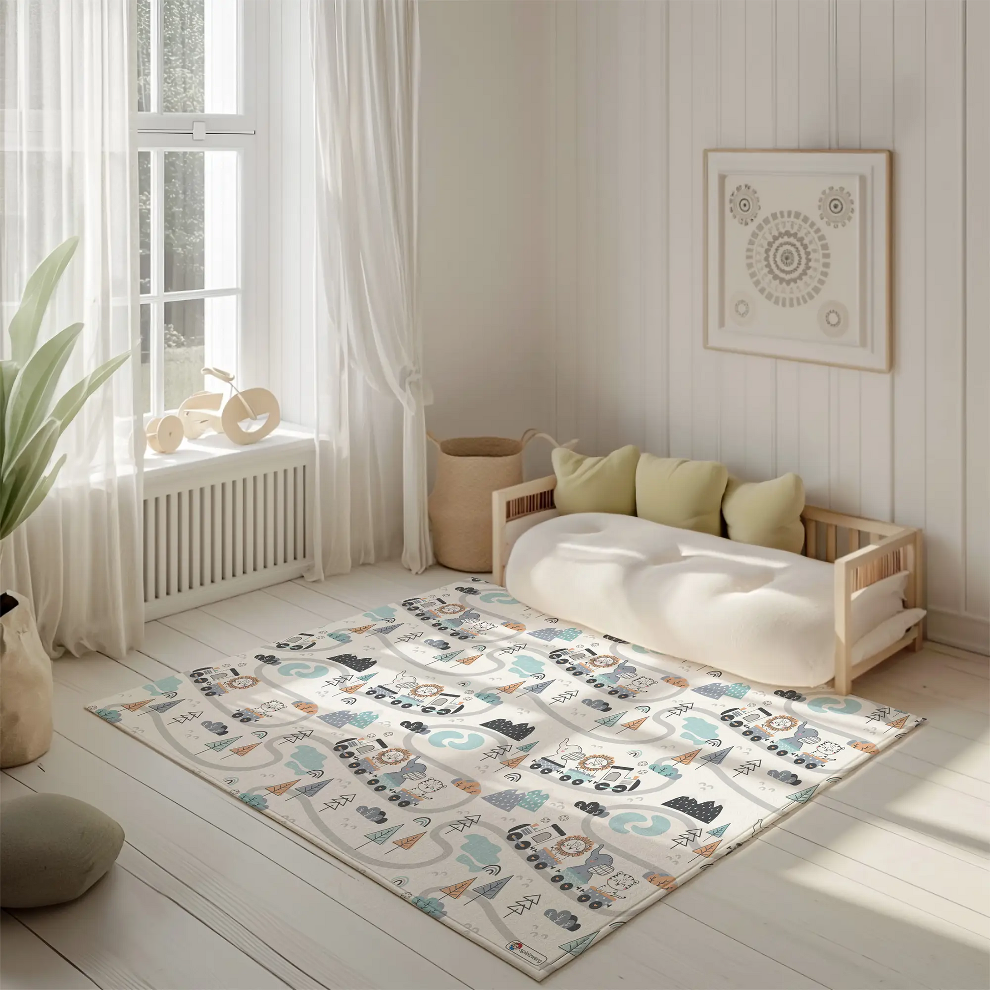 Spielteppich „Safari-Express“ von spielzwerg. Ambientebild von einem hellen, freundlichen Kinderzimmer mit weißen Holzwänden und hellem Holzboden. In der Ecke steht ein niedriges Holzbett mit weißen Decken und hellgrünen Kissen. Davor liegt der Teppich. Links steht ein kleines Holzspielzeugrad am Fenster mit weißen Vorhängen. An der Wand hängt ein gerahmtes Bild mit einem dezenten, kreisförmigen Muster. RUG-00073-XL, RUG-00073-L.