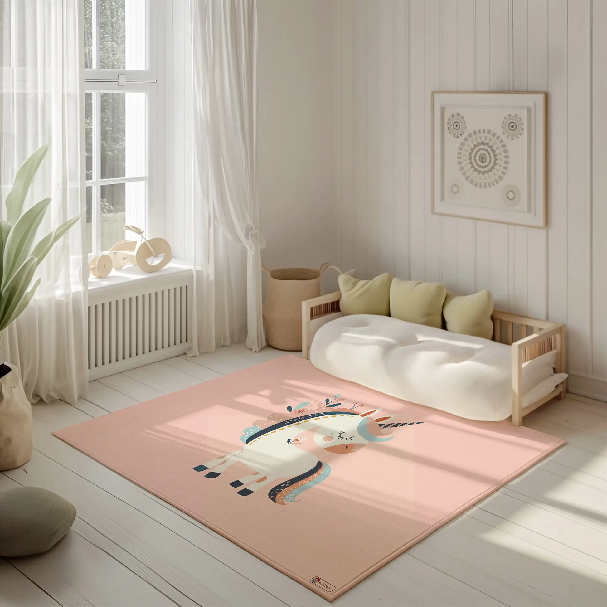 Kinderteppich "Blumeneinhorn" von spielzwerg. Ambientebild von einem hellen, freundlichen Kinderzimmer mit weißen Holzwänden und hellem Holzboden. In der Ecke steht ein niedriges Holzbett mit weißen Decken und hellgrünen Kissen. Davor liegt der Teppich. Links steht ein kleines Holzspielzeugrad am Fenster mit weißen Vorhängen. An der Wand hängt ein gerahmtes Bild mit einem dezenten, kreisförmigen Muster. RUG-00118-XL, RUG-00118-L.