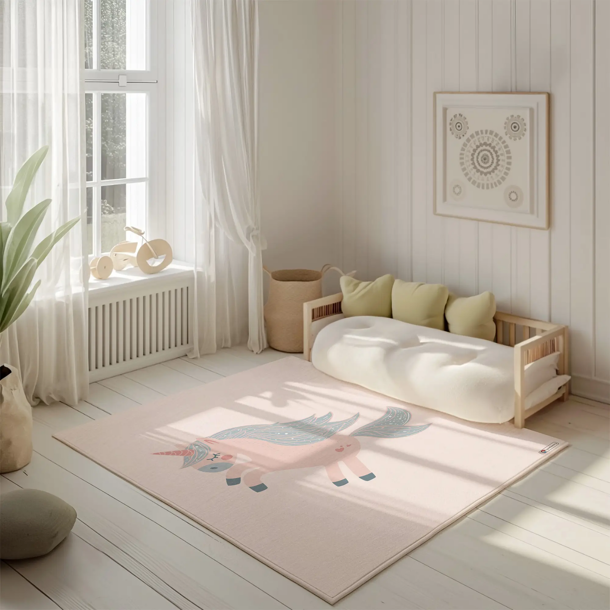Kinderteppich "Emmy Einhorn" von spielzwerg. Ambientebild von einem hellen, freundlichen Kinderzimmer mit weißen Holzwänden und hellem Holzboden. In der Ecke steht ein niedriges Holzbett mit weißen Decken und hellgrünen Kissen. Davor liegt der Teppich. Links steht ein kleines Holzspielzeugrad am Fenster mit weißen Vorhängen. An der Wand hängt ein gerahmtes Bild mit einem dezenten, kreisförmigen Muster. RUG-00117-XL, RUG-00117-L.
