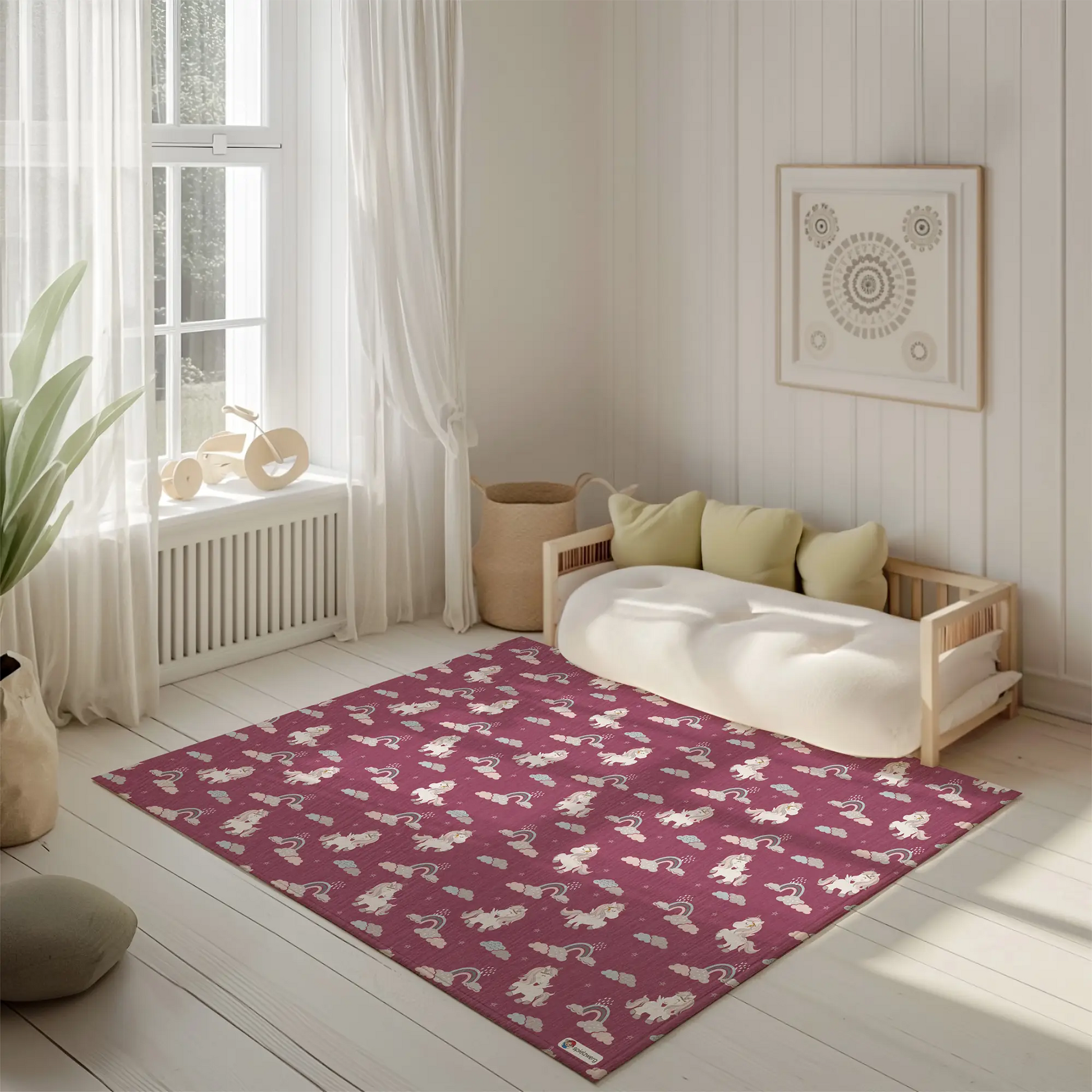 Kinderteppich "Einhornchaos" von spielzwerg. Ambientebild von einem hellen, freundlichen Kinderzimmer mit weißen Holzwänden und hellem Holzboden. In der Ecke steht ein niedriges Holzbett mit weißen Decken und hellgrünen Kissen. Davor liegt der Teppich. Links steht ein kleines Holzspielzeugrad am Fenster mit weißen Vorhängen. An der Wand hängt ein gerahmtes Bild mit einem dezenten, kreisförmigen Muster. RUG-00120-XL, RUG-00120-L.