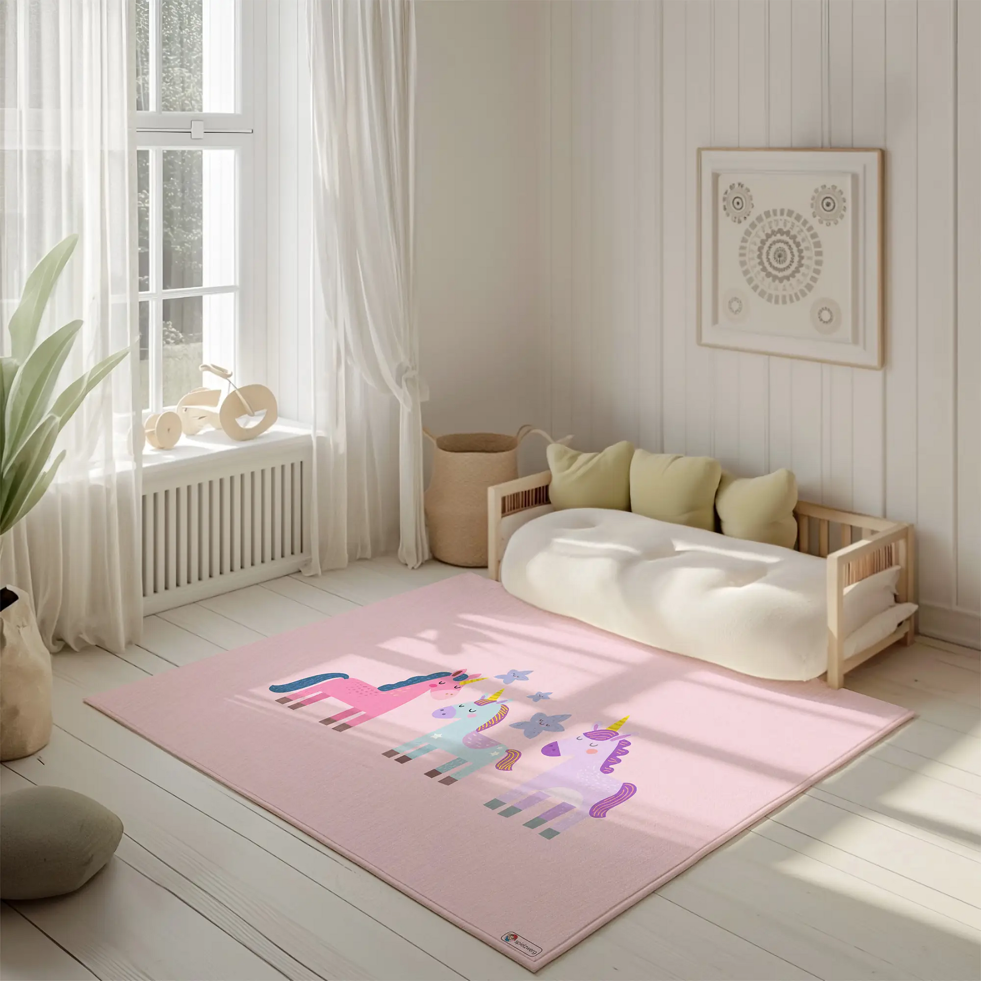 Kinderteppich "Einhornfamilie" von spielzwerg. Ambientebild von einem hellen, freundlichen Kinderzimmer mit weißen Holzwänden und hellem Holzboden. In der Ecke steht ein niedriges Holzbett mit weißen Decken und hellgrünen Kissen. Davor liegt der Teppich. Links steht ein kleines Holzspielzeugrad am Fenster mit weißen Vorhängen. An der Wand hängt ein gerahmtes Bild mit einem dezenten, kreisförmigen Muster. RUG-00116-XL, RUG-00116-L.