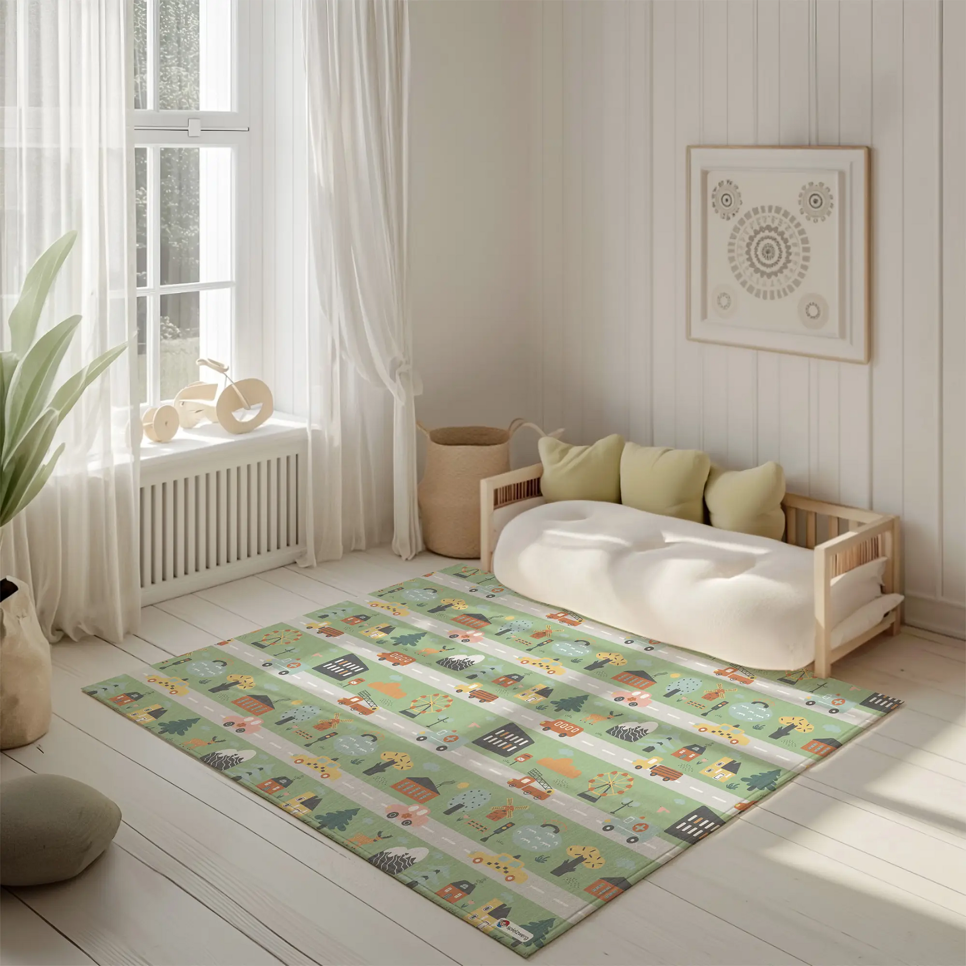 Spielteppich "Bergstraßen" von spielzwerg. Ambientebild von einem hellen, freundlichen Kinderzimmer mit weißen Holzwänden und hellem Holzboden. In der Ecke steht ein niedriges Holzbett mit weißen Decken und hellgrünen Kissen. Davor liegt der Teppich. Links steht ein kleines Holzspielzeugrad am Fenster mit weißen Vorhängen. An der Wand hängt ein gerahmtes Bild mit einem dezenten, kreisförmigen Muster. RUG-00105-XL, RUG-00105-L.