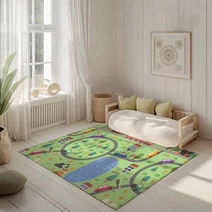Spielteppich "Dorf am Waldrand" von spielzwerg. Ambientebild von einem hellen, freundlichen Kinderzimmer mit weißen Holzwänden und hellem Holzboden. In der Ecke steht ein niedriges Holzbett mit weißen Decken und hellgrünen Kissen. Davor liegt der Teppich. Links steht ein kleines Holzspielzeugrad am Fenster mit weißen Vorhängen. An der Wand hängt ein gerahmtes Bild mit einem dezenten, kreisförmigen Muster. RUG-00012-XL, RUG-00012-L.