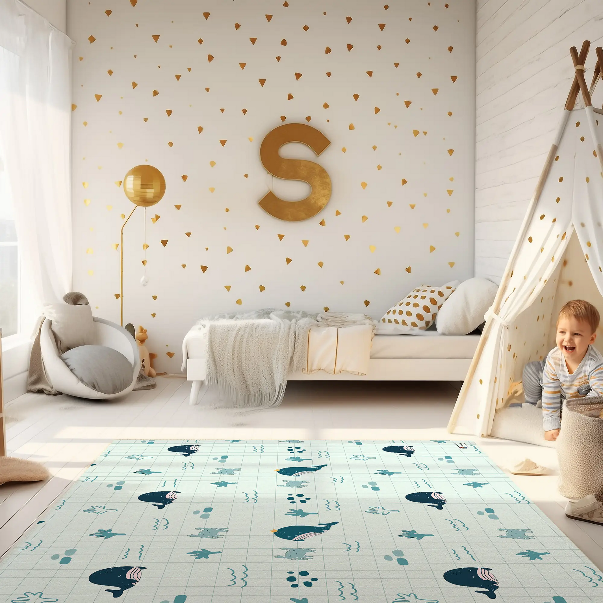 Kinderteppich "Karo Wale" von spielzwerg. Ambientebild von einem hellen Kinderzimmer mit weißem Holzboden und weißen Wänden, dekoriert mit goldenen Dreiecken und einem großen goldenen Buchstaben 'S'. Links steht ein gemütlicher Sessel mit Kissen und Decke, daneben eine goldene Stehlampe. In der Mitte liegt der Teppich. Rechts sitzt ein lachender Junge in einem weißen Spielzelt mit goldenen Punkten. Im Hintergrund ein schlichtes Bett mit weißer Decke und goldenen Akzenten. RUG-00139-XL, RUG-00139-L.
