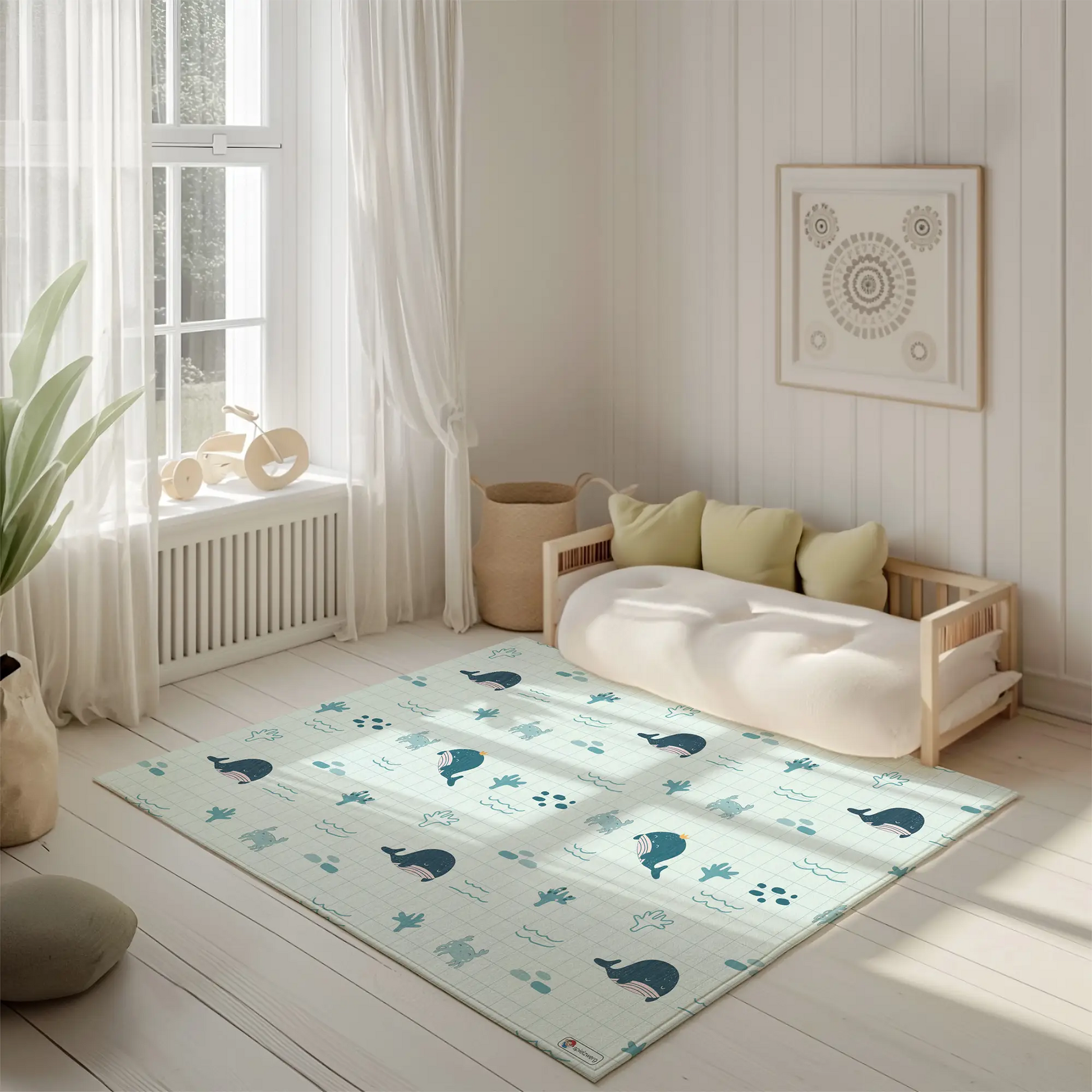 Kinderteppich "Karo Wale" von spielzwerg. Ambientebild von einem hellen, freundlichen Kinderzimmer mit weißen Holzwänden und hellem Holzboden. In der Ecke steht ein niedriges Holzbett mit weißen Decken und hellgrünen Kissen. Davor liegt der Teppich. Links steht ein kleines Holzspielzeugrad am Fenster mit weißen Vorhängen. An der Wand hängt ein gerahmtes Bild mit einem dezenten, kreisförmigen Muster. RUG-00139-XL, RUG-00139-L.