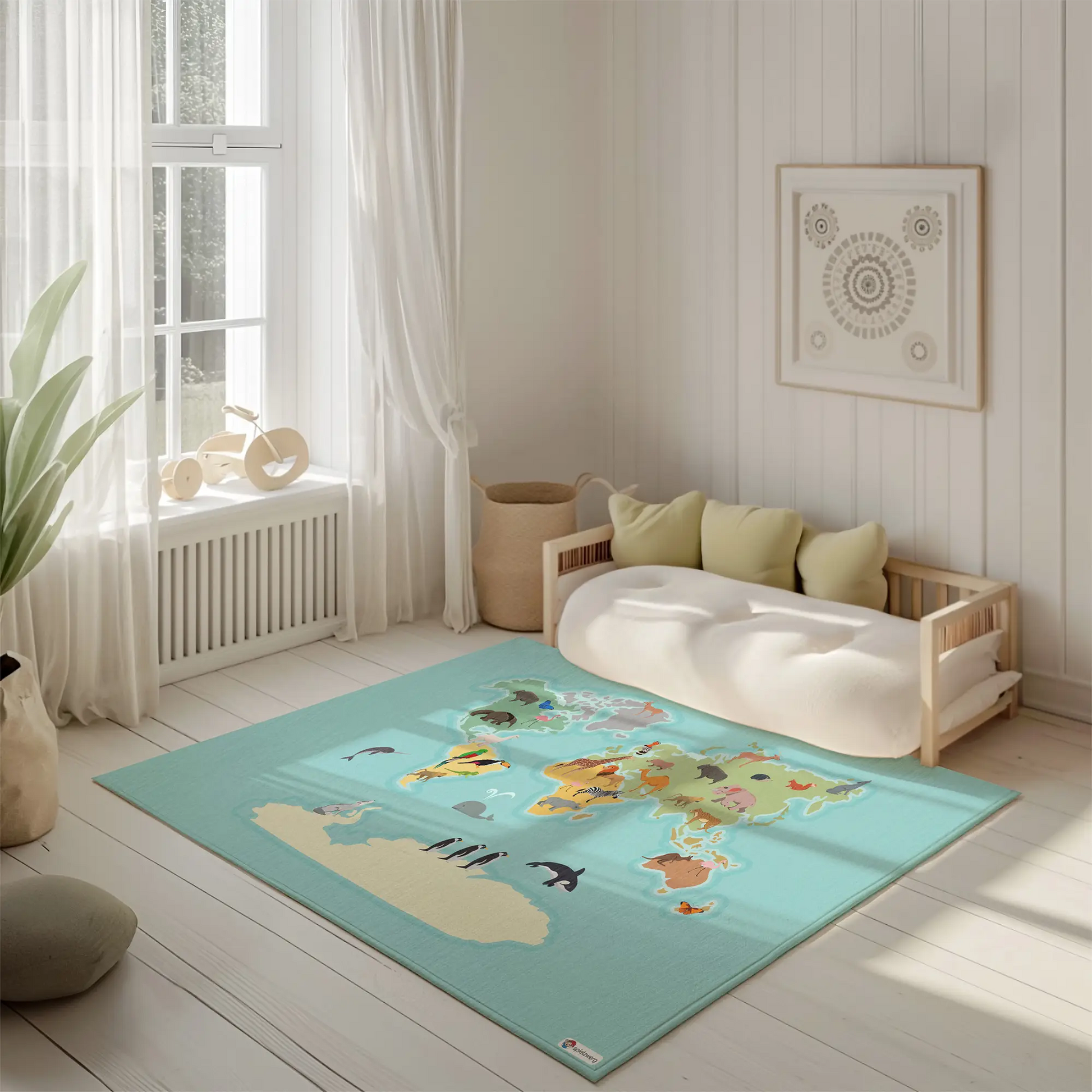 Spielteppich "Tiere der Welt" von spielzwerg. Ambientebild von einem hellen, freundlichen Kinderzimmer mit weißen Holzwänden und hellem Holzboden. In der Ecke steht ein niedriges Holzbett mit weißen Decken und hellgrünen Kissen. Davor liegt der Teppich. Links steht ein kleines Holzspielzeugrad am Fenster mit weißen Vorhängen. An der Wand hängt ein gerahmtes Bild mit einem dezenten, kreisförmigen Muster. RUG-00177-XL, RUG-00177-L.