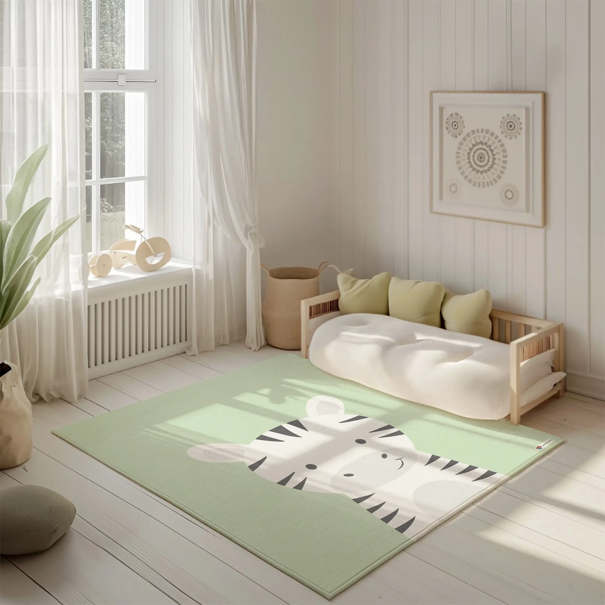 Kinderteppich "Zino Zebra" von spielzwerg. Ambientebild von einem hellen, freundlichen Kinderzimmer mit weißen Holzwänden und hellem Holzboden. In der Ecke steht ein niedriges Holzbett mit weißen Decken und hellgrünen Kissen. Davor liegt der Teppich. Links steht ein kleines Holzspielzeugrad am Fenster mit weißen Vorhängen. An der Wand hängt ein gerahmtes Bild mit einem dezenten, kreisförmigen Muster. RUG-00176-XL, RUG-00176-L.
