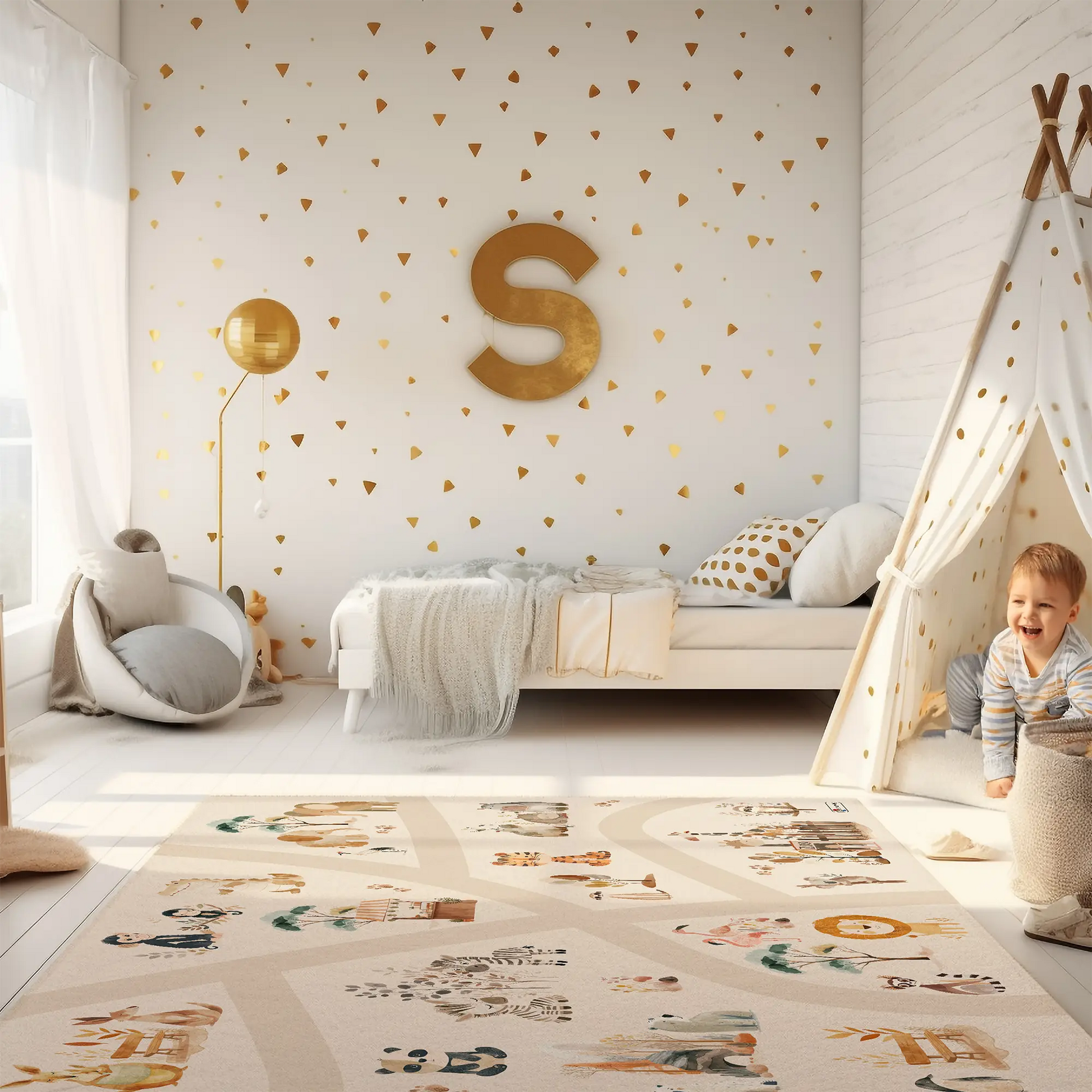 Spielteppich "Niedlicher Zoo" von spielzwerg. Ambientebild von einem hellen Kinderzimmer mit weißem Holzboden und weißen Wänden, dekoriert mit goldenen Dreiecken und einem großen goldenen Buchstaben 'S'. Links steht ein gemütlicher Sessel mit Kissen und Decke, daneben eine goldene Stehlampe. In der Mitte liegt der Teppich. Rechts sitzt ein lachender Junge in einem weißen Spielzelt mit goldenen Punkten. Im Hintergrund ein schlichtes Bett mit weißer Decke und goldenen Akzenten. RUG-00011-XL, RUG-00011-L.