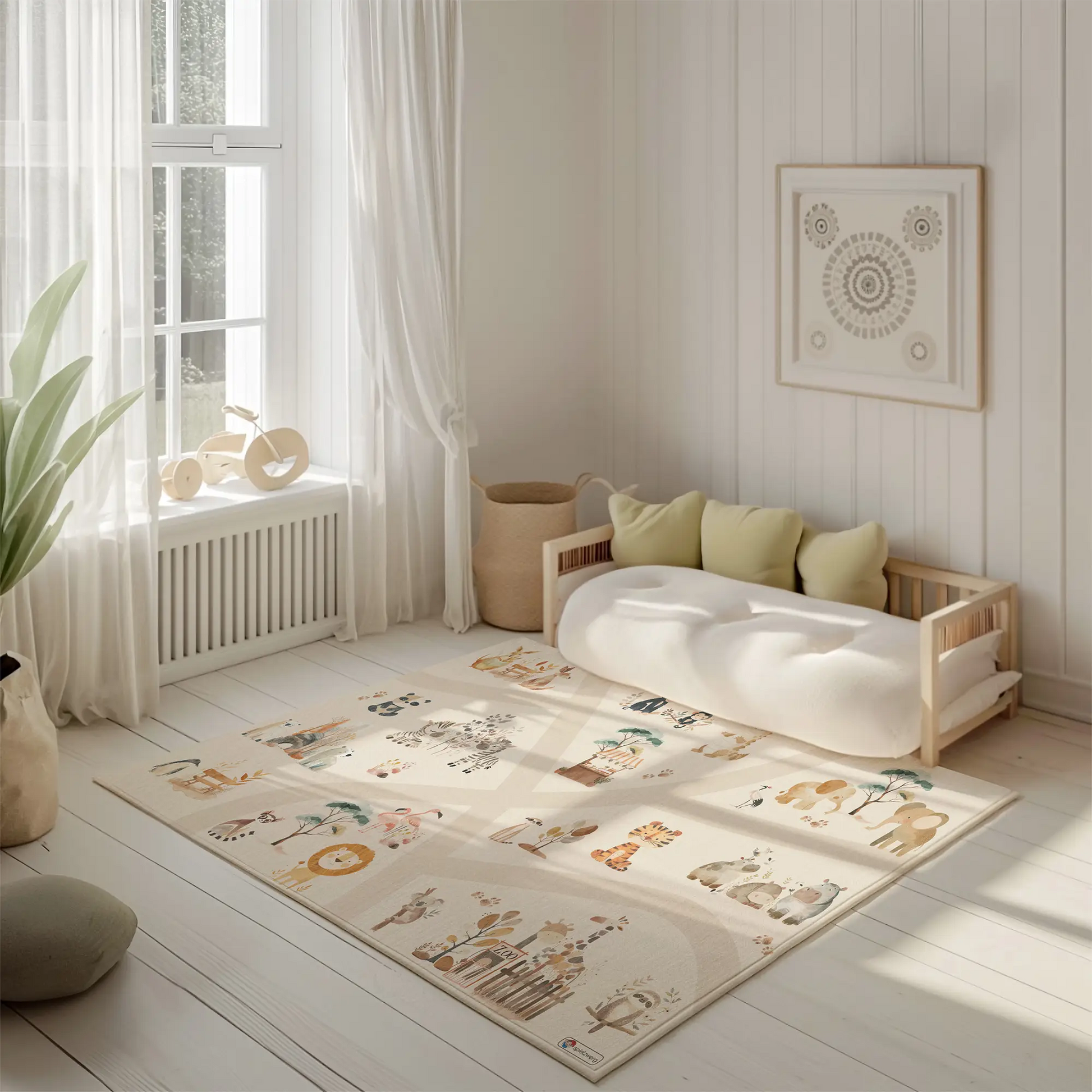Spielteppich "Niedlicher Zoo" von spielzwerg. Ambientebild von einem hellen, freundlichen Kinderzimmer mit weißen Holzwänden und hellem Holzboden. In der Ecke steht ein niedriges Holzbett mit weißen Decken und hellgrünen Kissen. Davor liegt der Teppich. Links steht ein kleines Holzspielzeugrad am Fenster mit weißen Vorhängen. An der Wand hängt ein gerahmtes Bild mit einem dezenten, kreisförmigen Muster. RUG-00011-XL, RUG-00011-L.
